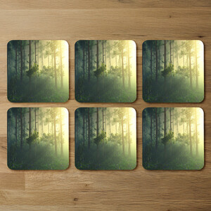 Sun, trees in a haze of light, glowing fog among the trees Designer Coaster Set