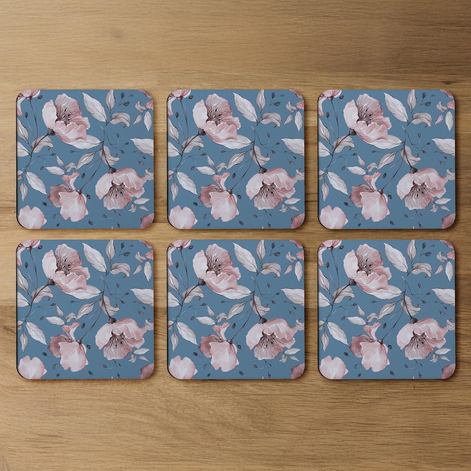 Pink Flowers On Blue Coaster - Blue