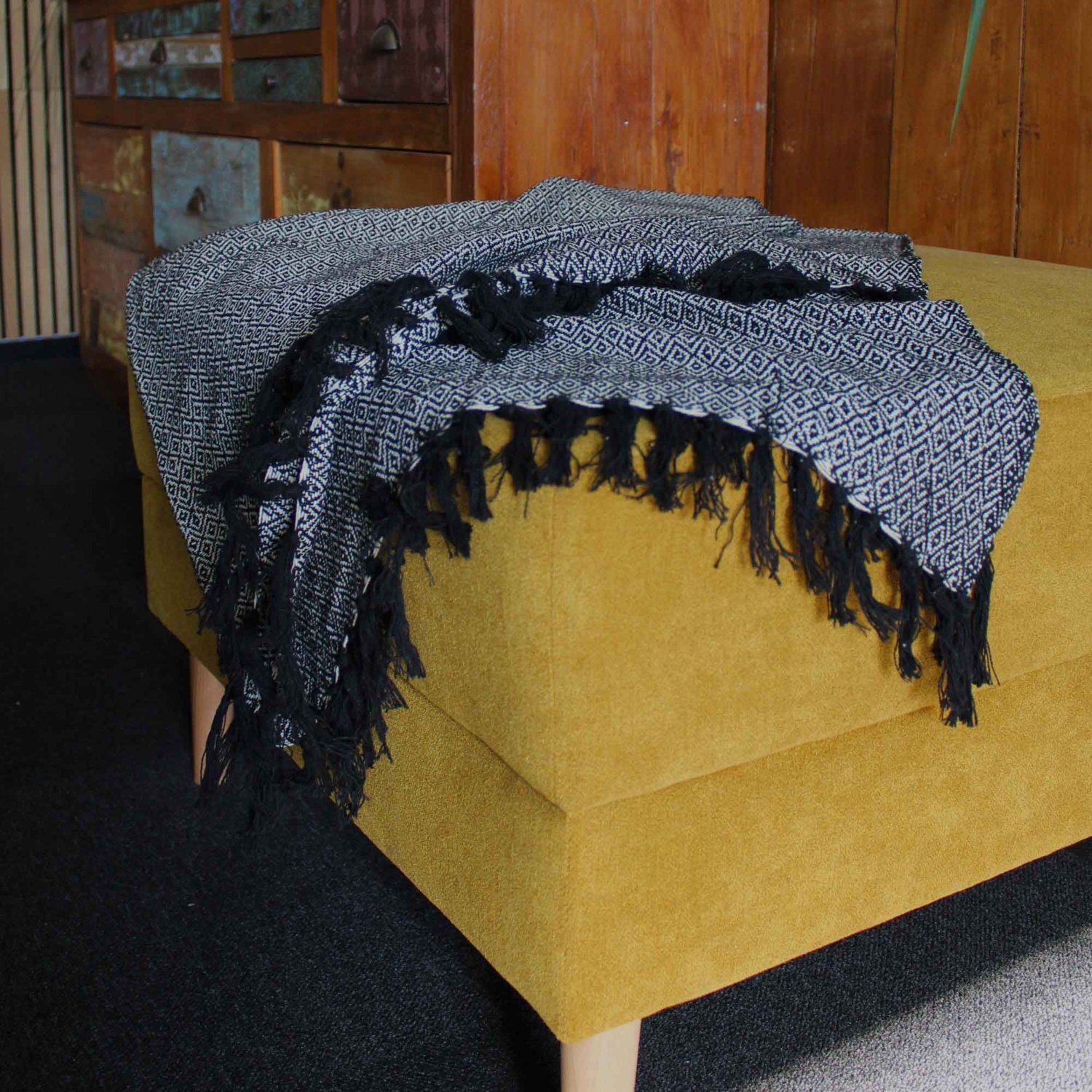 Boho Charcoal Cotton Throw With Tassels For Cozy Home Decor - Black