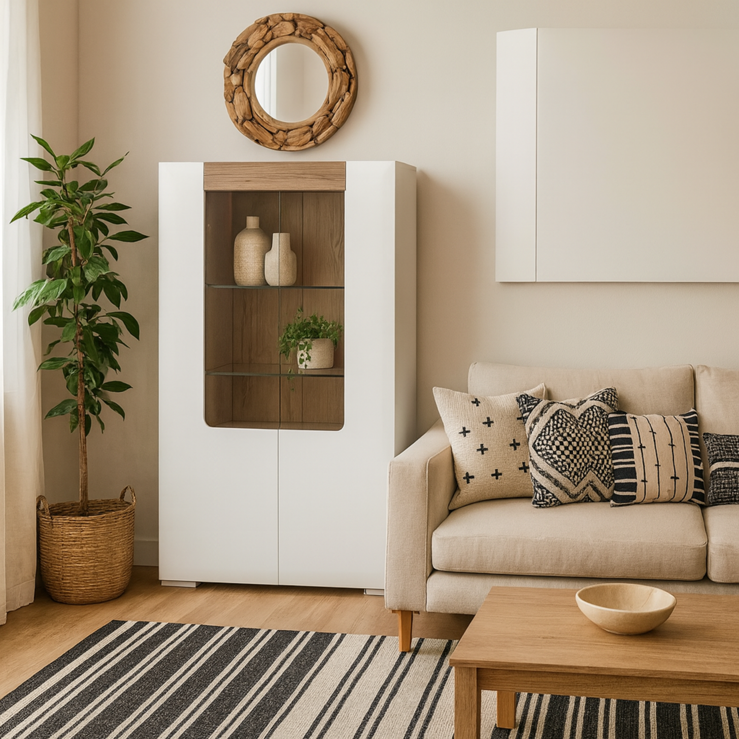 Porto Gloss White Glazed Display Cabinet with Oak Detail, 2 Doors 3 Shelves - Gloss white with oak