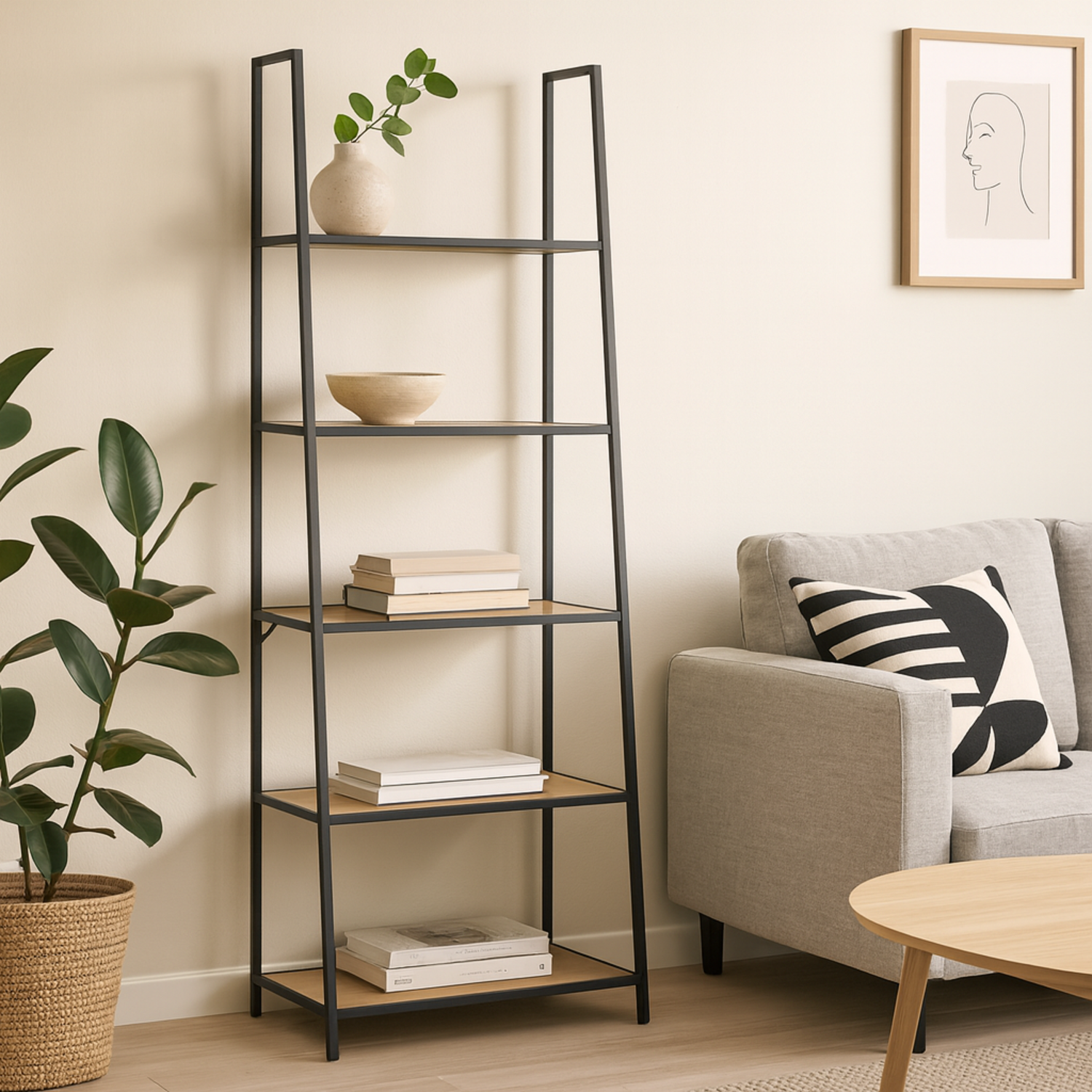 Wyld Haus El Paso Black Metal Ladder Bookcase with 5 Oak-Effect Shelves - Natural