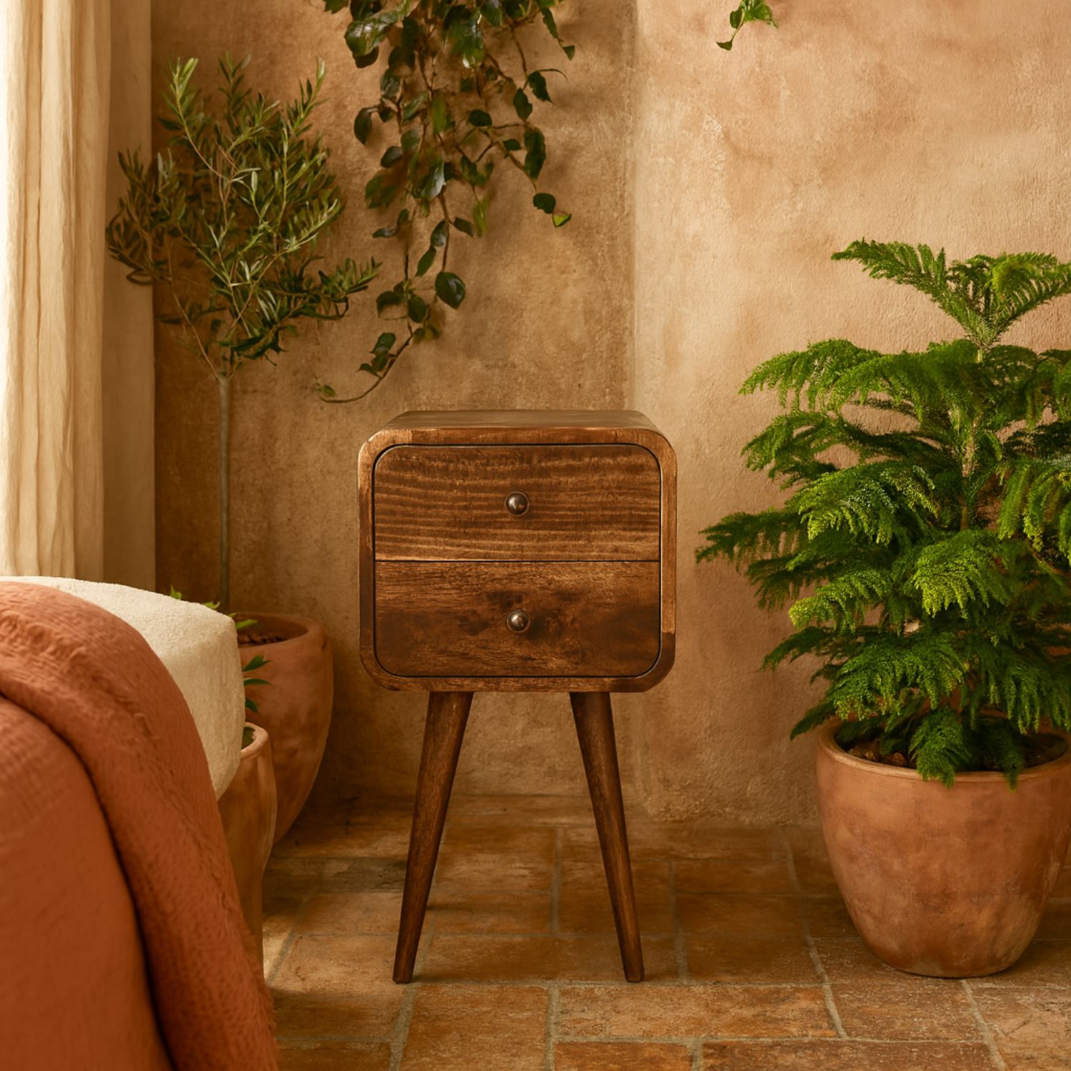 Peschiera Mini Curved Bedside Table Washed Mango Wood 2 Drawer Nightstand - Brown