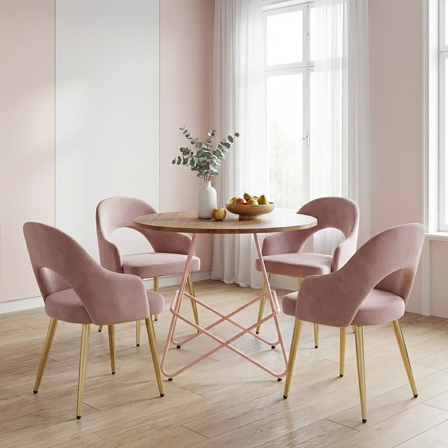 District Pink Metal And Elm Wood Round Dining Table - Pink