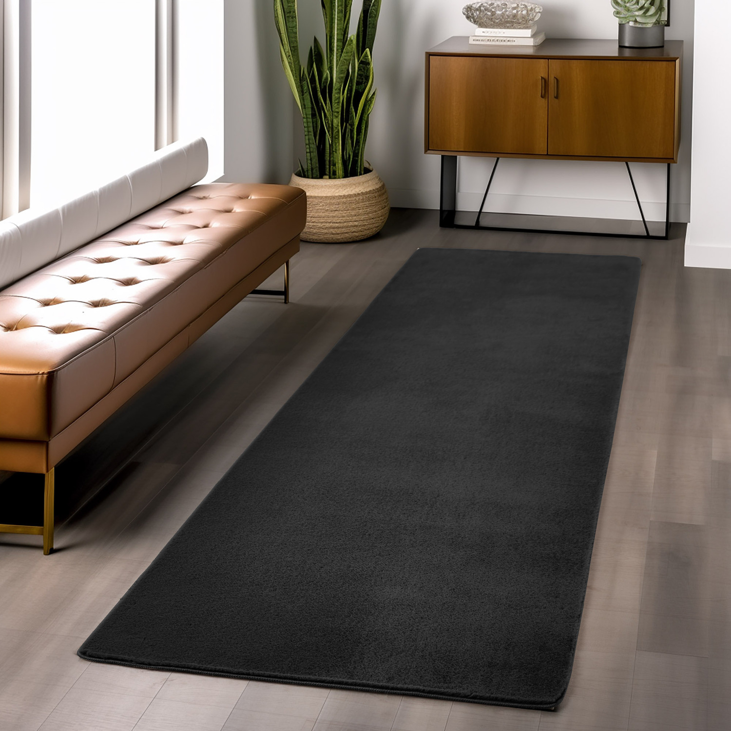 Snuggly Washable Low Pile Living Room Area Rug - Anti-Slip Felt Backing - Black / 200cm / 60cm