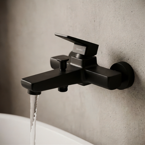 Black Bath Mixer Tap Wall Mounted Rectangle Shaped with Shower Hose Connection