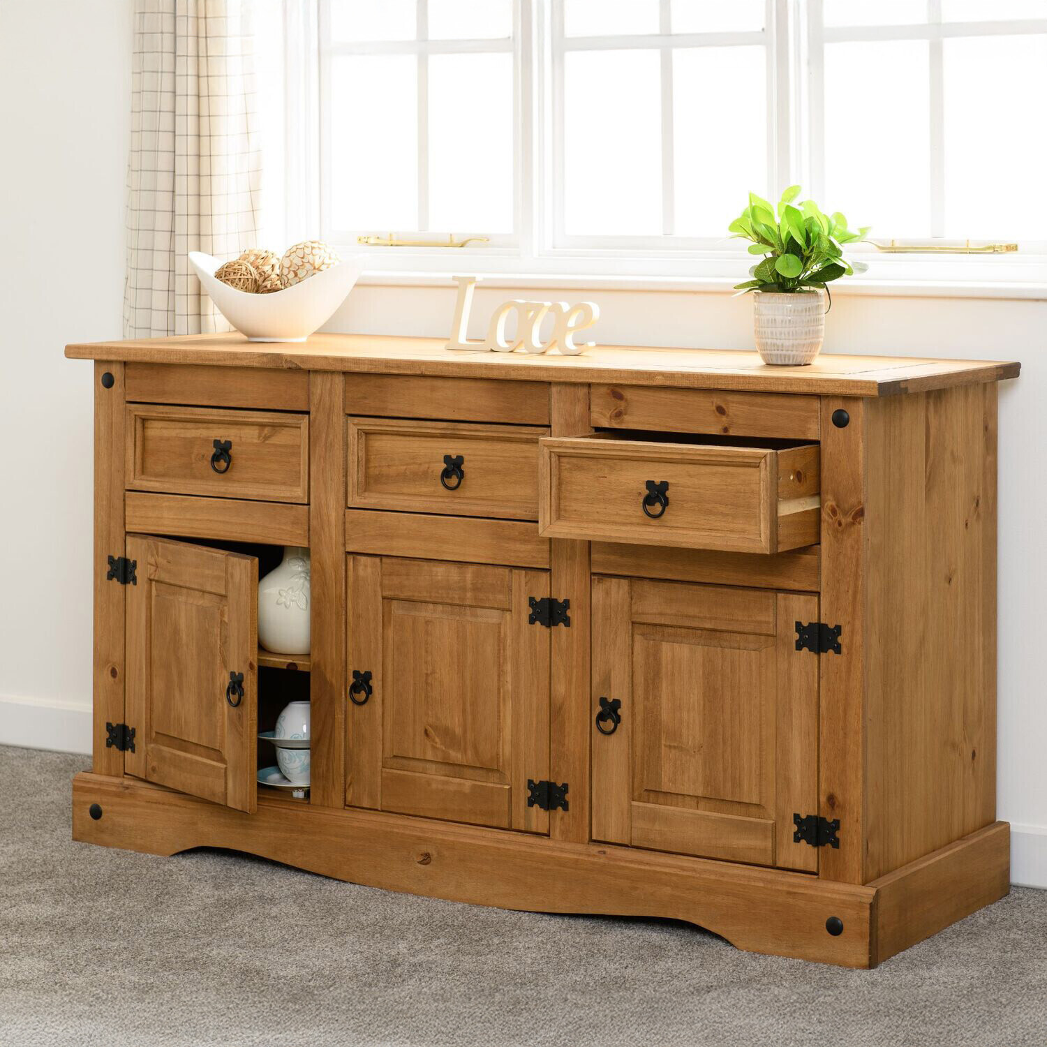 Corona 3 Door 3 Drawer Sideboard - Pine