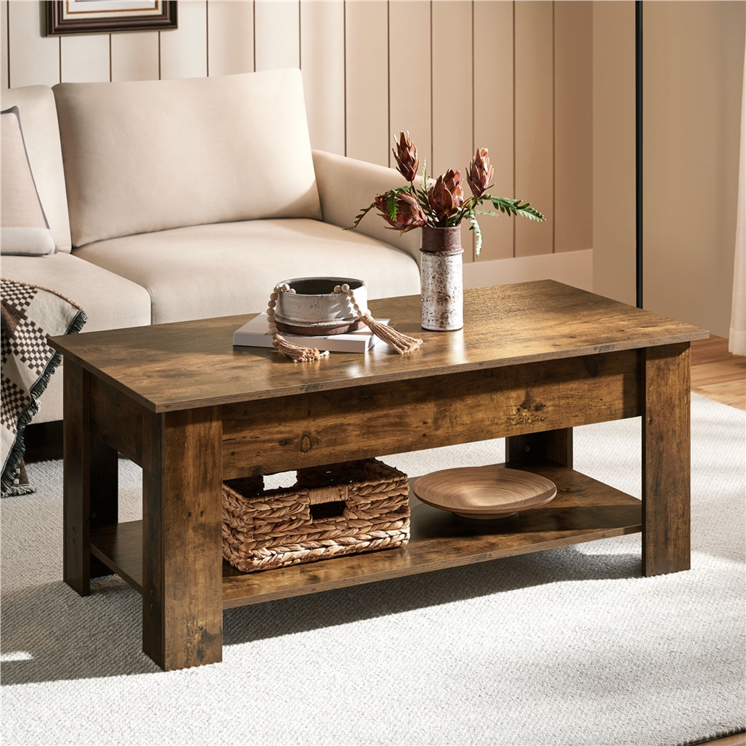 Yaheetech Lift Top Coffee Table with Hidden Storage - Rustic Brown