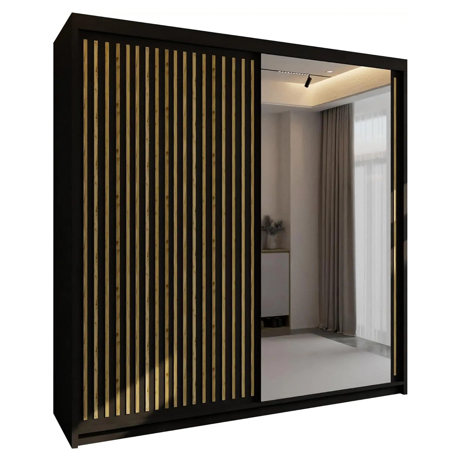 Sliding Wardrobes 4U London Sliding Wardrobe With Mirror Door & Strip Design, Space Saving Sliding Door Wardrobe With Shelves & Hanging Rail - Black/Oak 150Cm