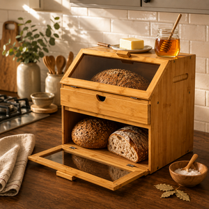 Large Bamboo 3 Compartment Bread Bin