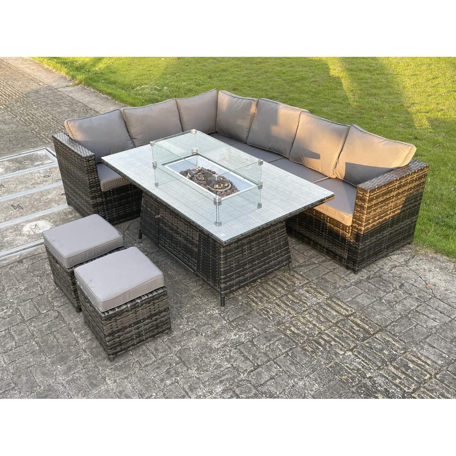 Fimous Rattan 8 Seater Gas Fire Pit Corner Dining Set Stools