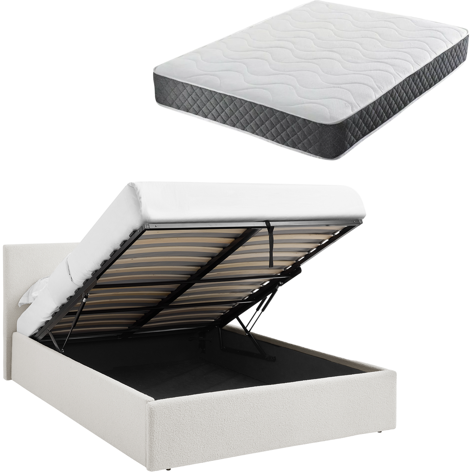 Teddy Boucle 3Ft Single Ottoman Storage Bed White + Spring & Foam Mattress - Boucle White