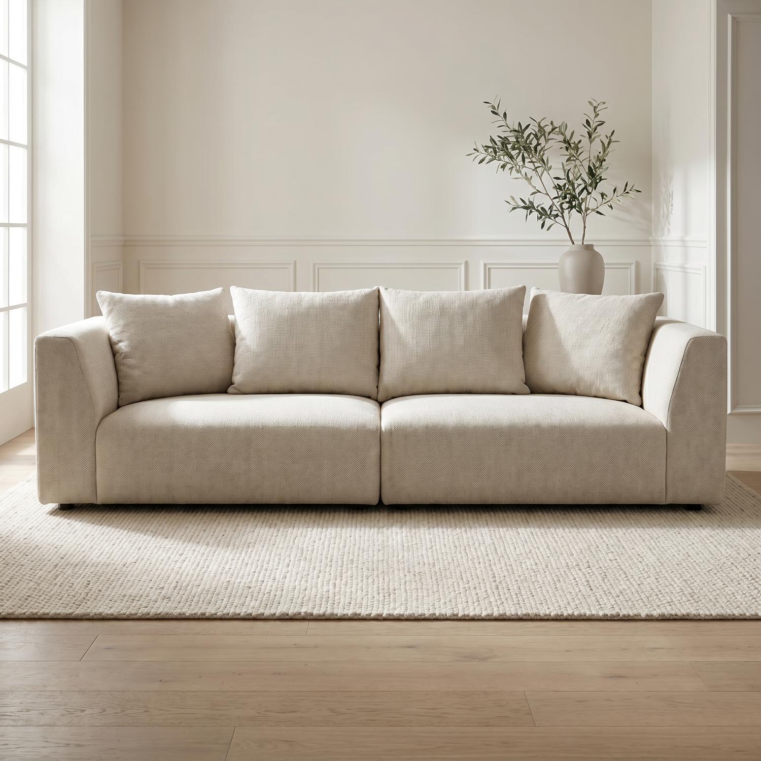 Abakus Direct Tokyo 3 Seater Sofa In Natural Bamboo Basket Weave Fabric With Deep Seat - Soft Sand