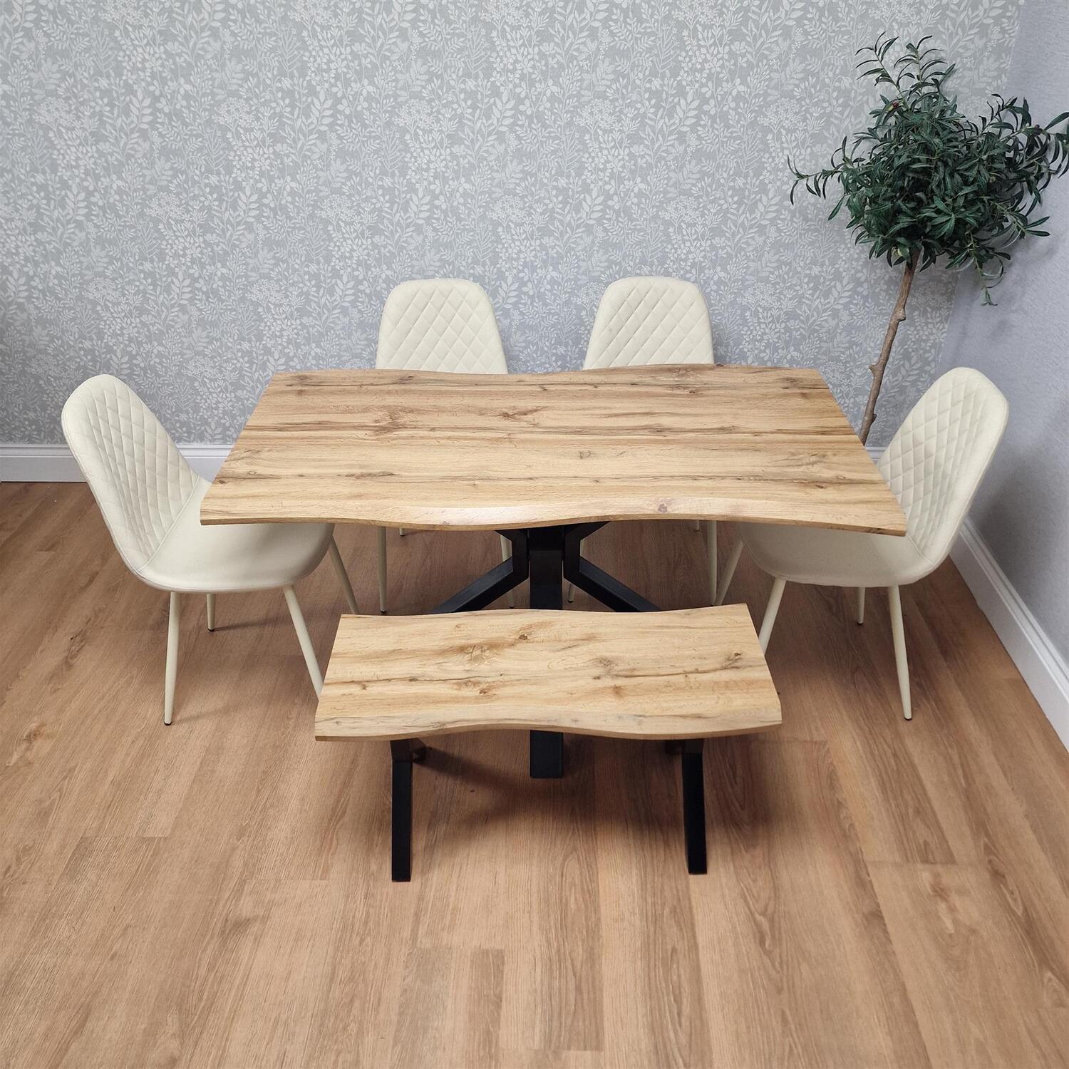 Portland 6 Seater Gem Pattern Wooden Dining Table & Bench Set - Cream - Image 4