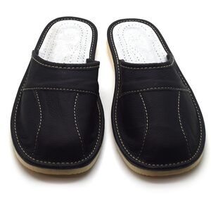 Men's Natural Leather Slippers Shoes, Slip-On Sandals Mules (Black, Size: 9 UK / 43 EU)