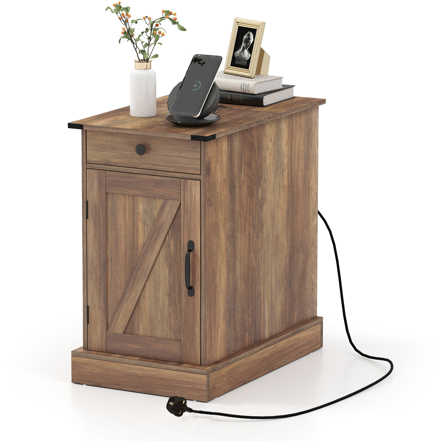 Costway Narrow Wooden Nightstand With Power Outlets - Brown