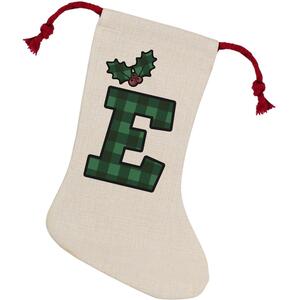 Green Tartan Alphabet Letter E Stocking - Novelty Xmas Gift - Linen-Style With Red Drawstring Ties