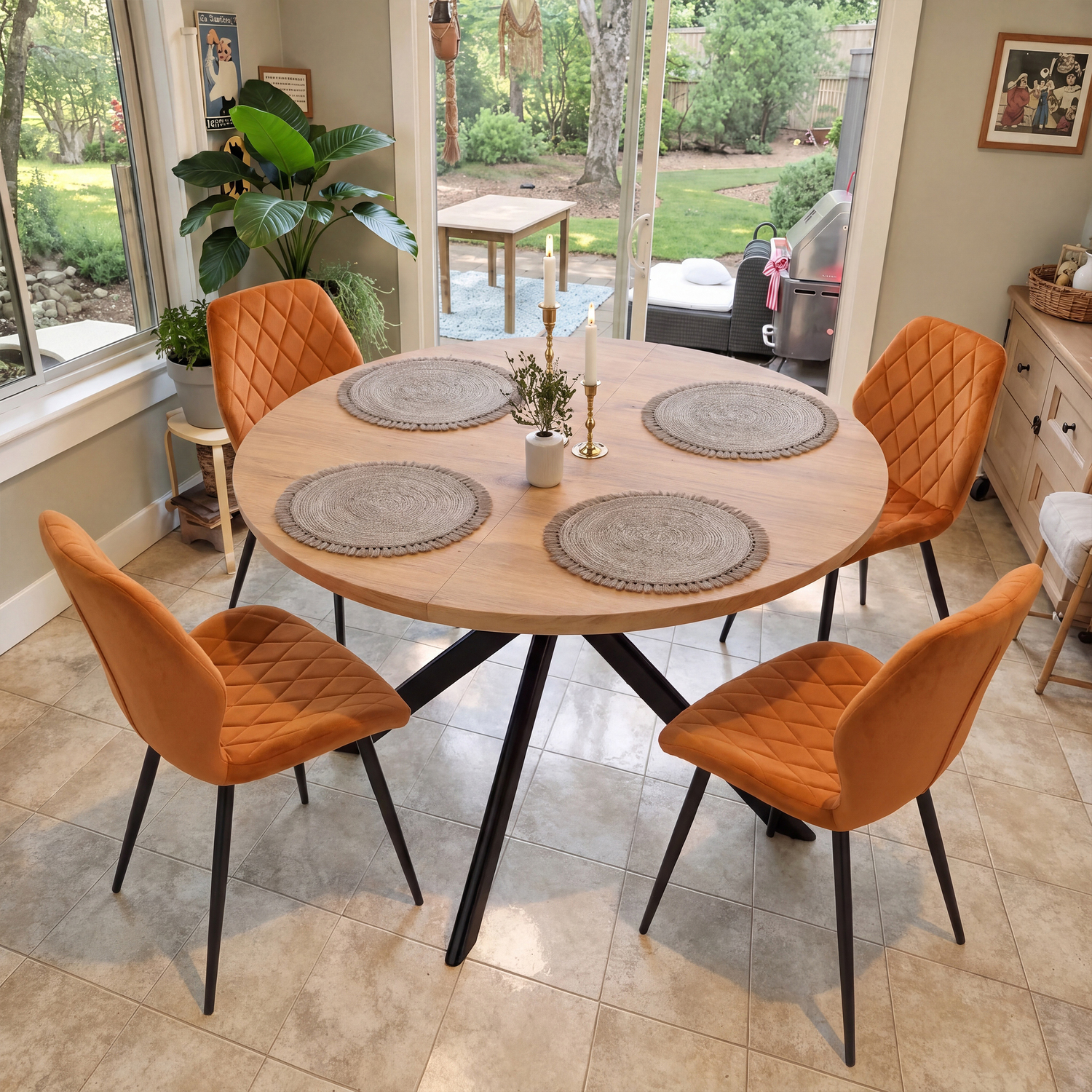 Sonara Modern Velvet Dining Chairs Set Of 4 - Ergonomic Curved Backrest, Diamond Quilted, Green - Orange