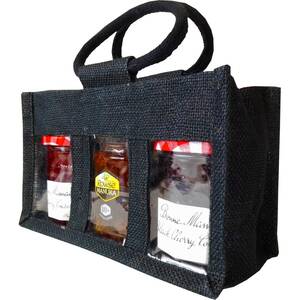 3 Jar Black Jute Bag with Handles for jam jars, chutneys and preserves