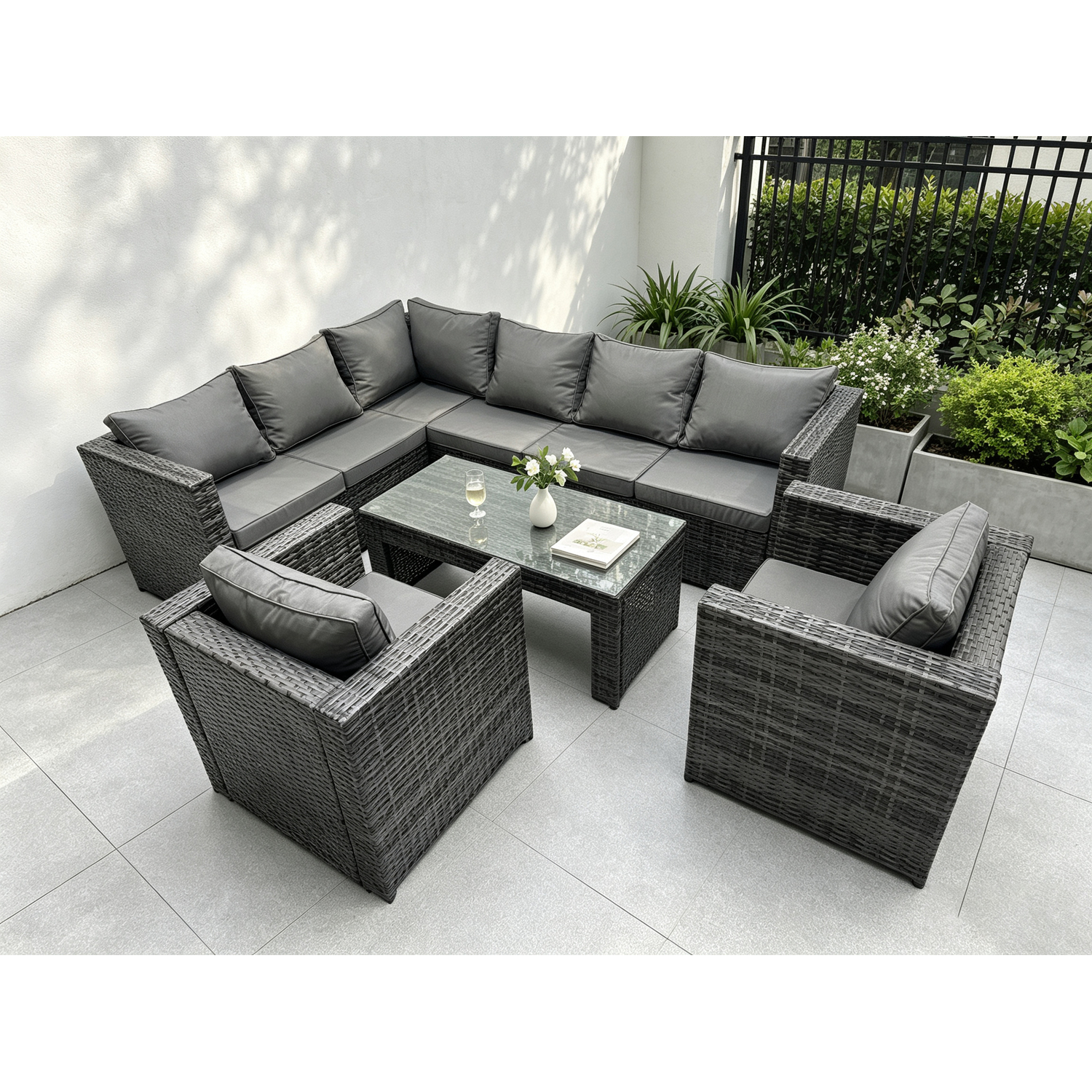 Fimous Dark/Grey 8 Seater Rattan Corner Sofa Lounge Sofa Set With Rectangular Coffee Table 2 Arm Chair Mixed Left Hand - Image 2