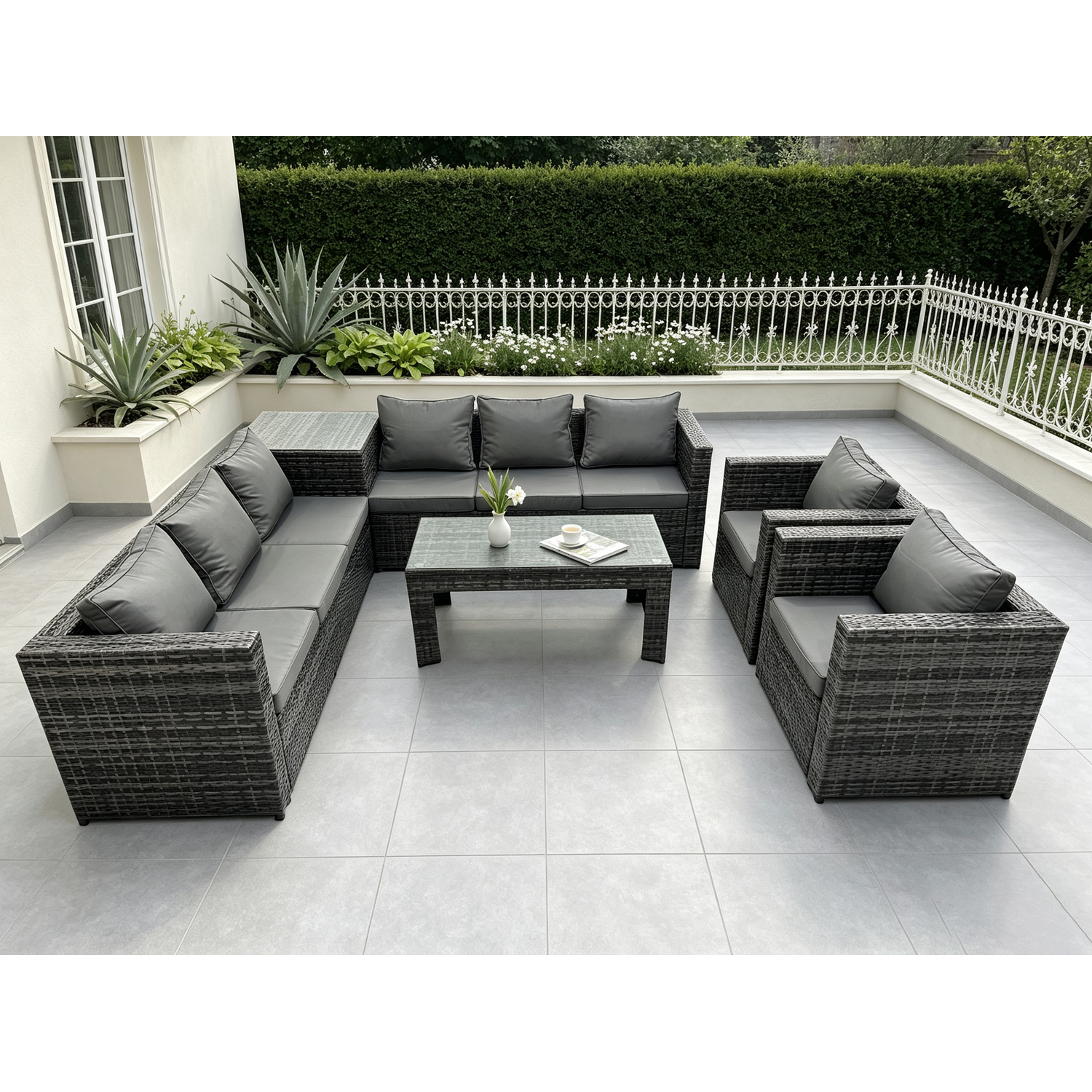 Rackhams Dark/Grey 8 Seater Rattan Corner Sofa Set With Square Side Table And Oblong Rectangular Coffee Tea Table 2 Pc Arm Chair Mixed - Image 2