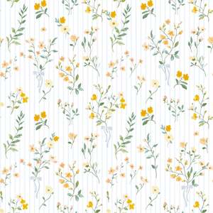 Sample of Floral Pinstripe Wallpaper in Yellow and Blue