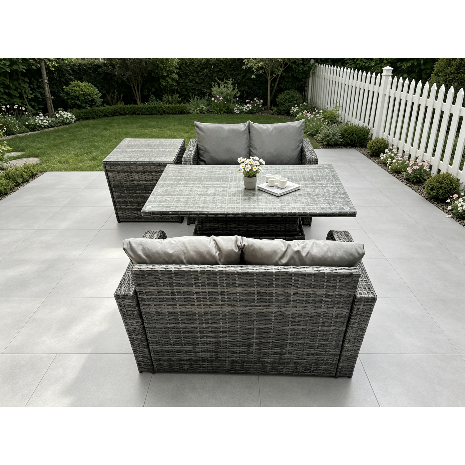 Fimous Unisex Dark Grey Outdoor Rattan Furniture Garden Dining Set Height Adjustable Rising Lifting Table Love Sofa Set Mixed Size 1 - Image 2