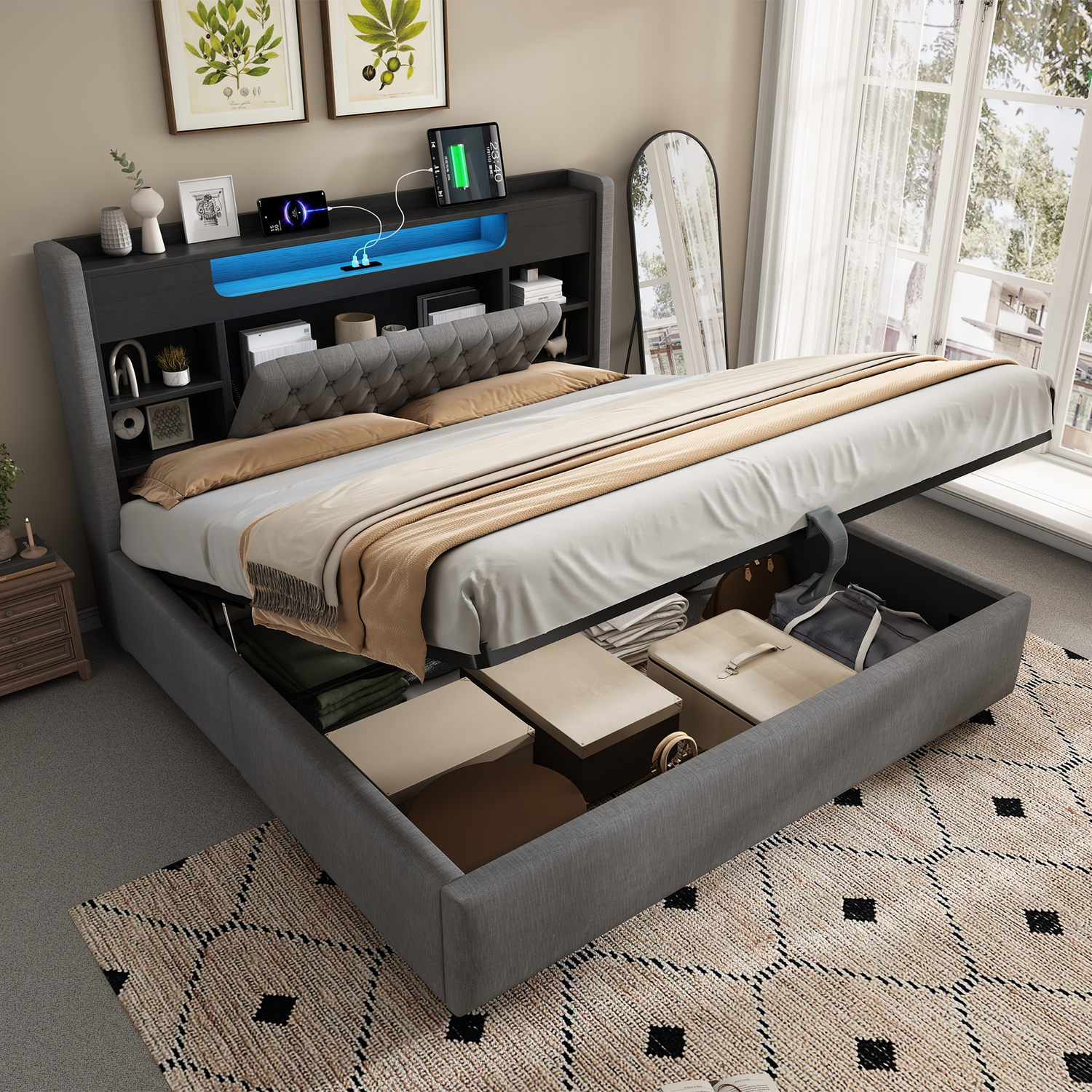 Aka Linen Hydraulic Storage Bed With Led & Charging - Grey