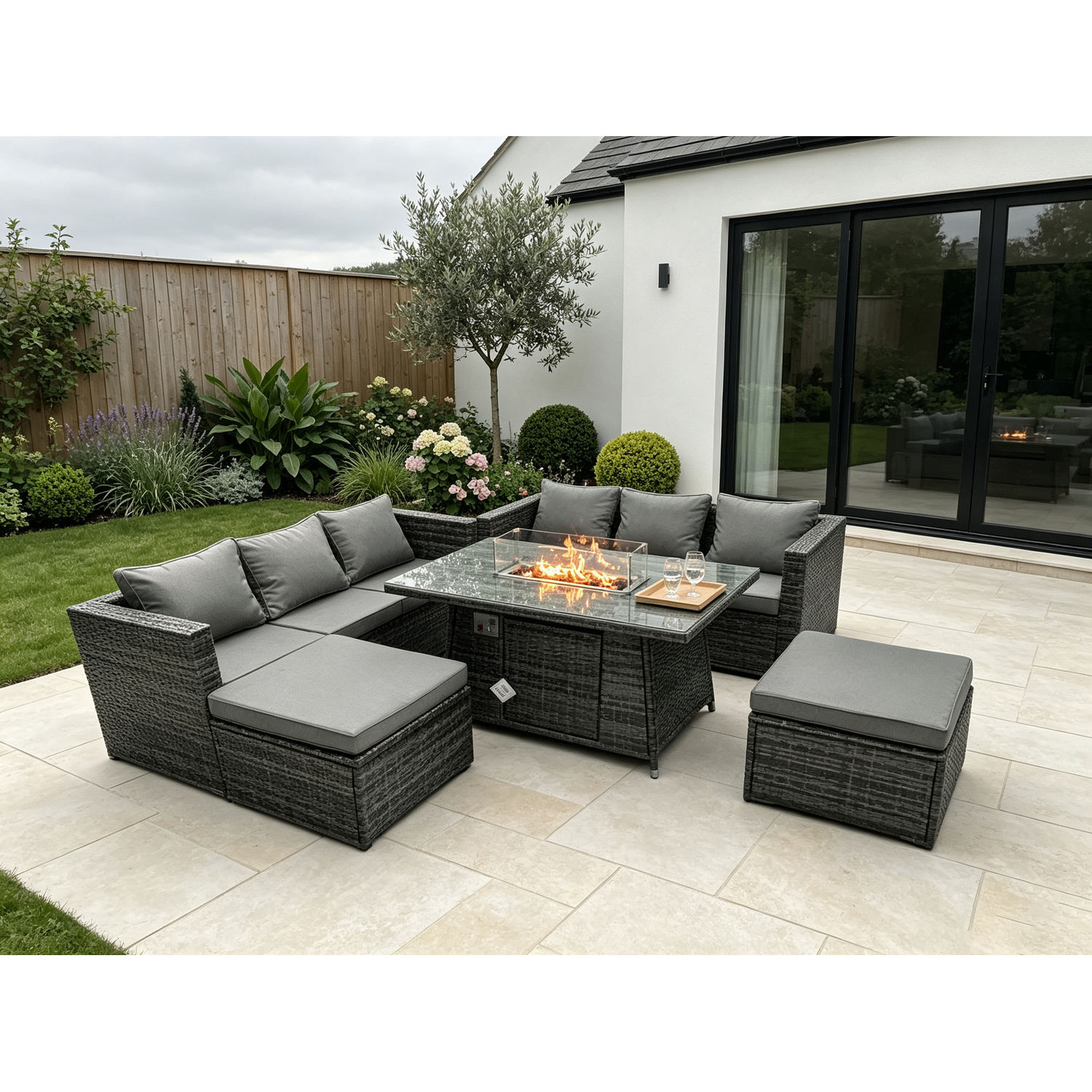 Fimous 8 Seater Outdoor Rattan Garden Furniture Sofa Set Gas Fire Pit Dining Table Gas Heater Burner Footstool - Image 3