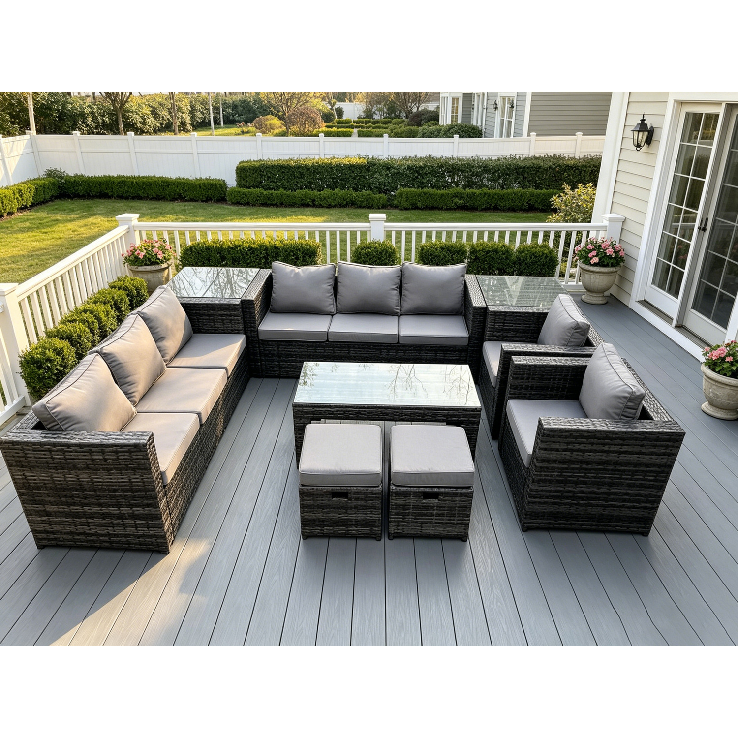 Fimous Dark/Grey Outdoor Rattan Garden Furniture Lounge Sofa Set With Oblong Rectagular Coffee Table 2 Pc Arm Chair 2 Side Coffee Table 2 Stools - Image 2
