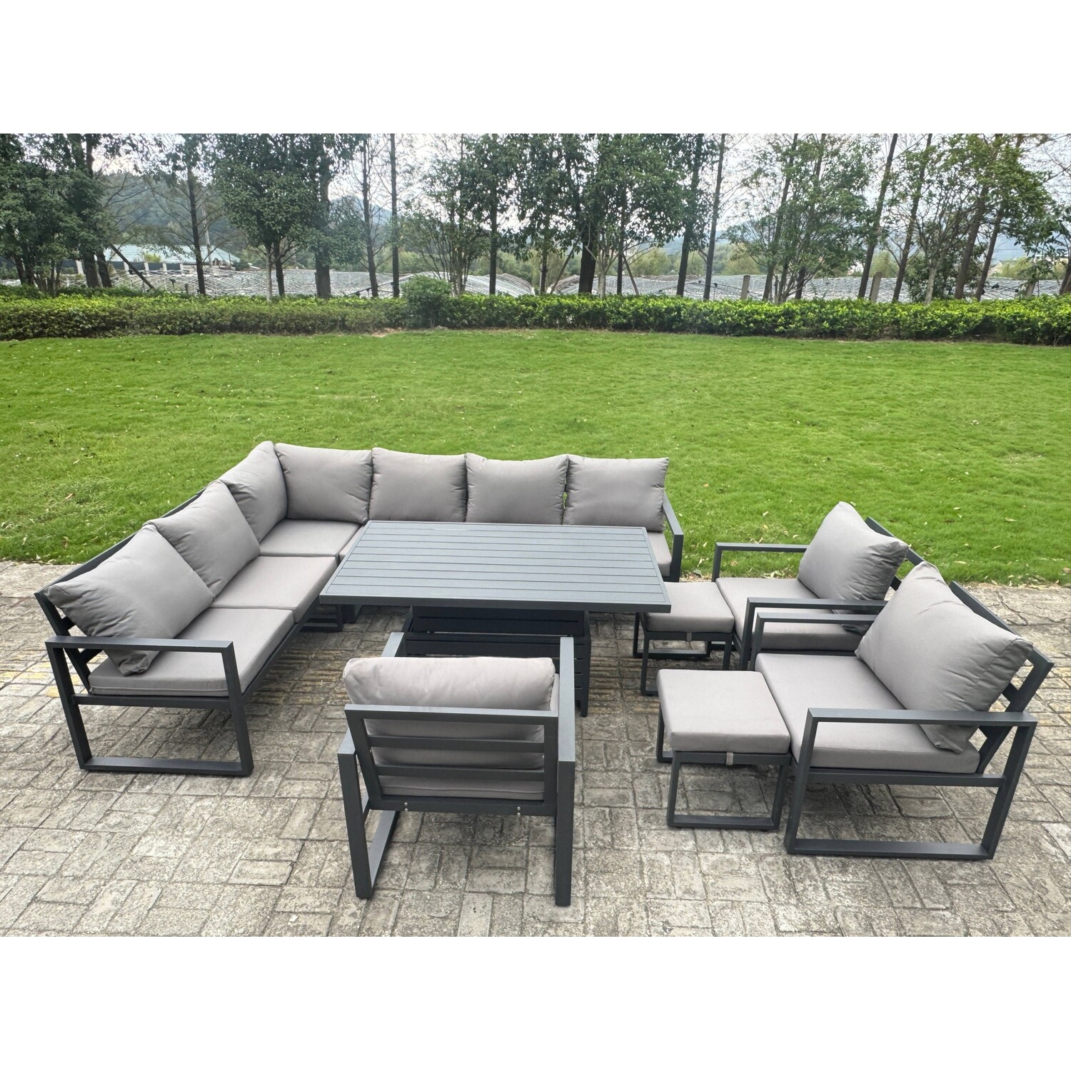 Fimous 10 Pieces Aluminium Garden Furniture Sets With Adjustable Rising Lifting Dining Table,Chair,2 Small Footstools 11 Seater Corner Sofa Set Dark G - Image 3