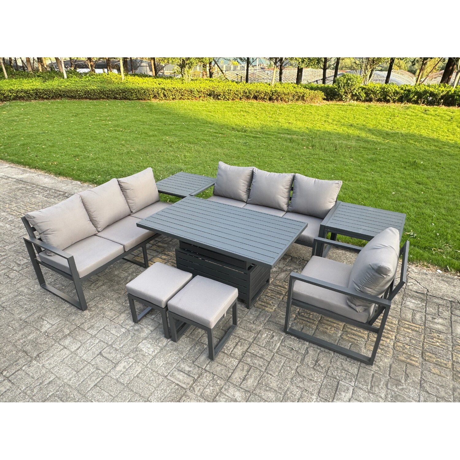 Rackhams Dark/Grey 9 Seater Aluminium Garden Furniture Set With Rising Dining Table, 2 Sofas, 1 Chair, 2 Side Tables, 2 Small Footstools - Image 2
