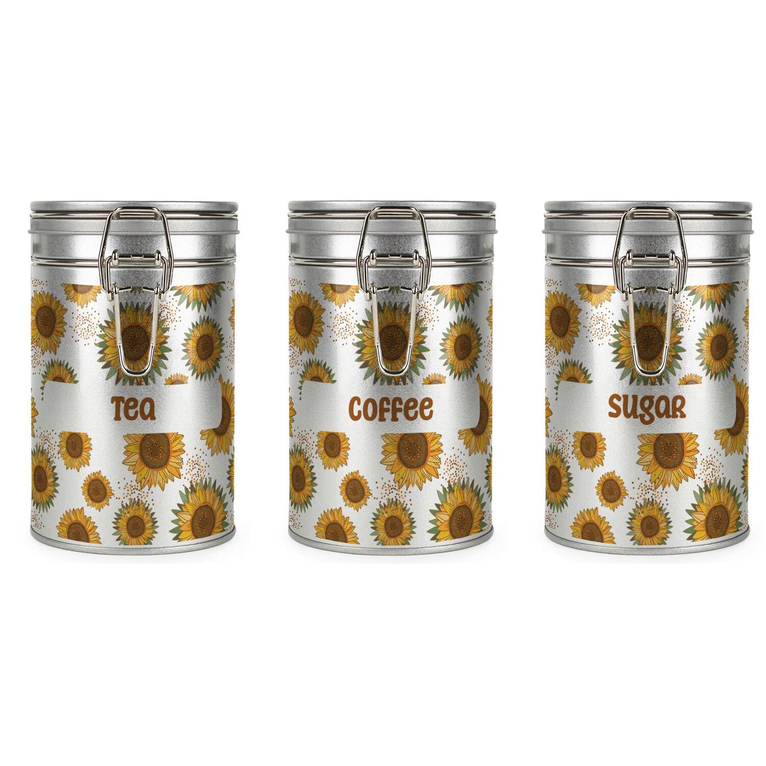 Sunflowers Tea, Coffee & Sugar Canisters Set - Silver Storage Gift Tins - Image 2