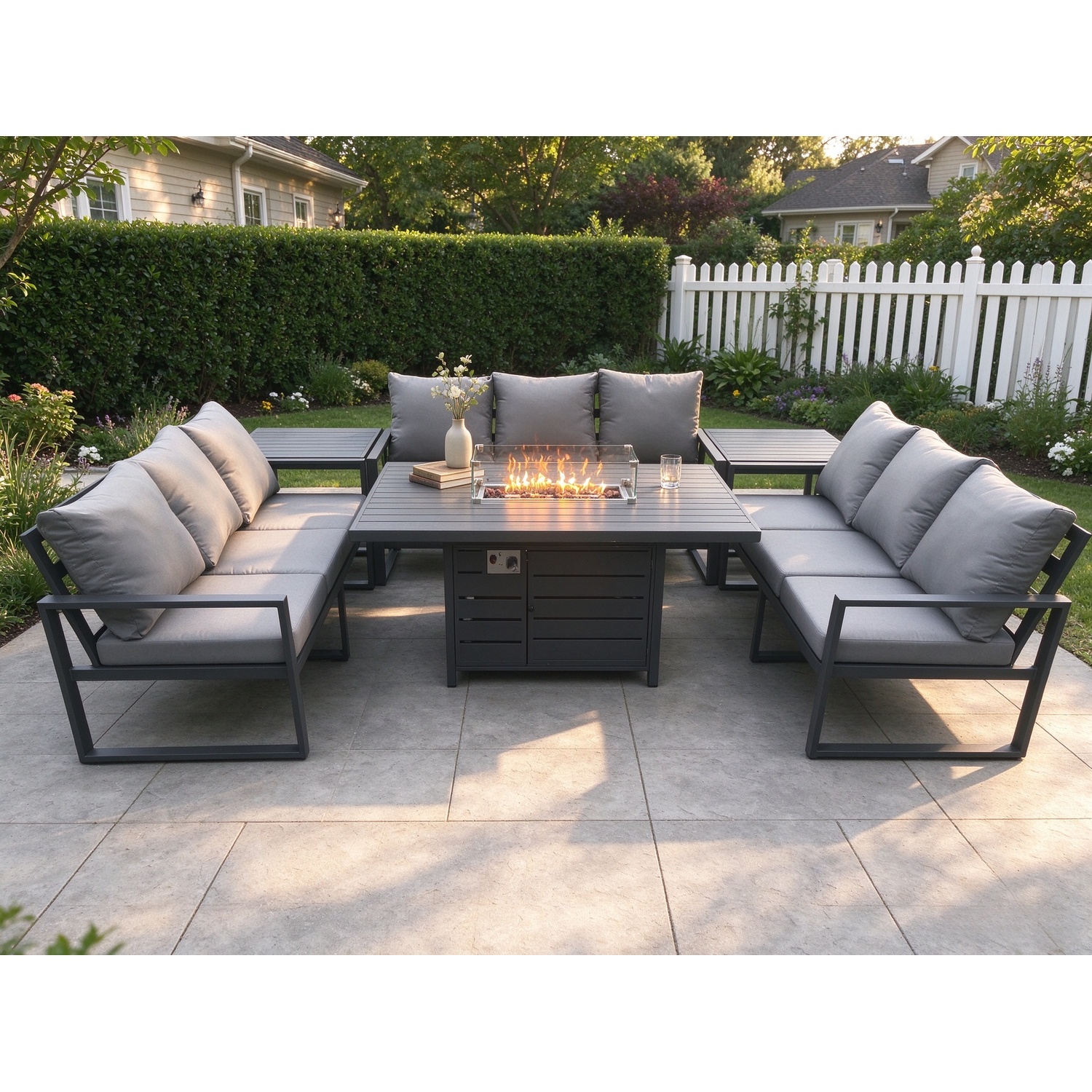Fimous Aluminium 9 Seater Garden Furniture Outdoor Set Patio Lounge Sofa Gas Fire Pit Dining Table Set With 2 Dark Grey - Image 3