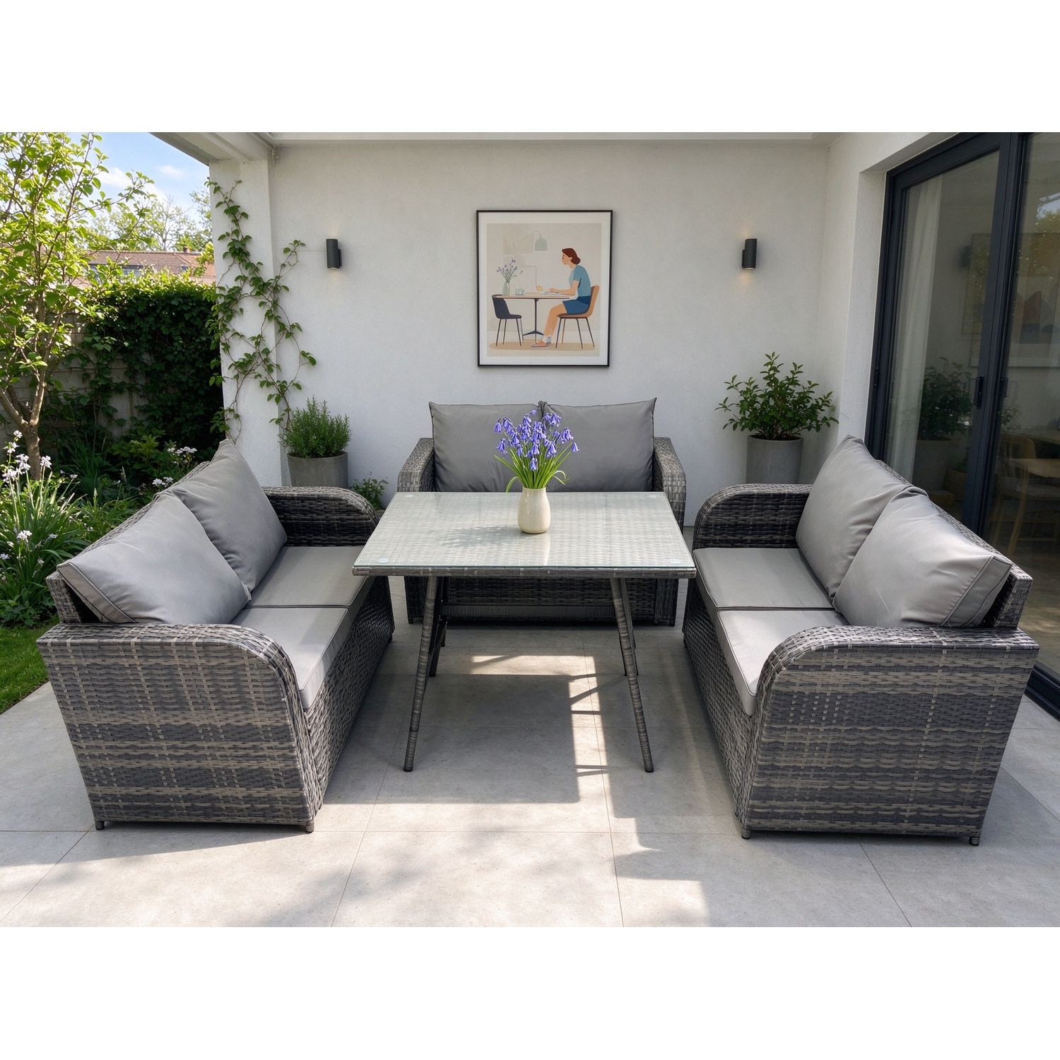 Rackhams Dark/Grey Rattan Garden Furniture Set 6 Seater Patio Outdoor Love Sofa Set With Rectangular Dining Table Mixed - Image 2