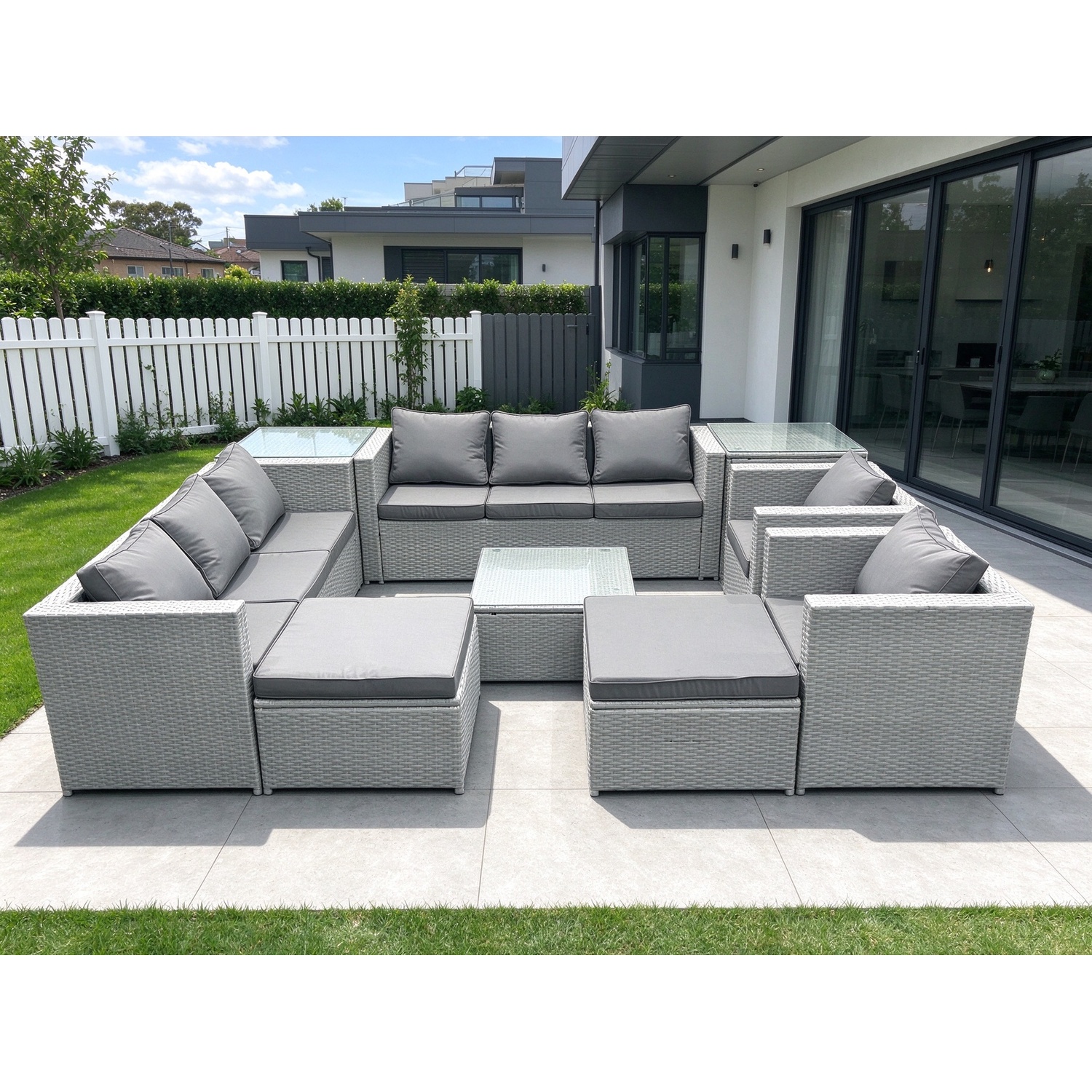 Fimous Outdoor Rattan Sofa Garden Furniture Set With 2 Armchairs Square Coffee Table 2 Big Footstools 2 Side Tables Light Grey Mixed - Image 3