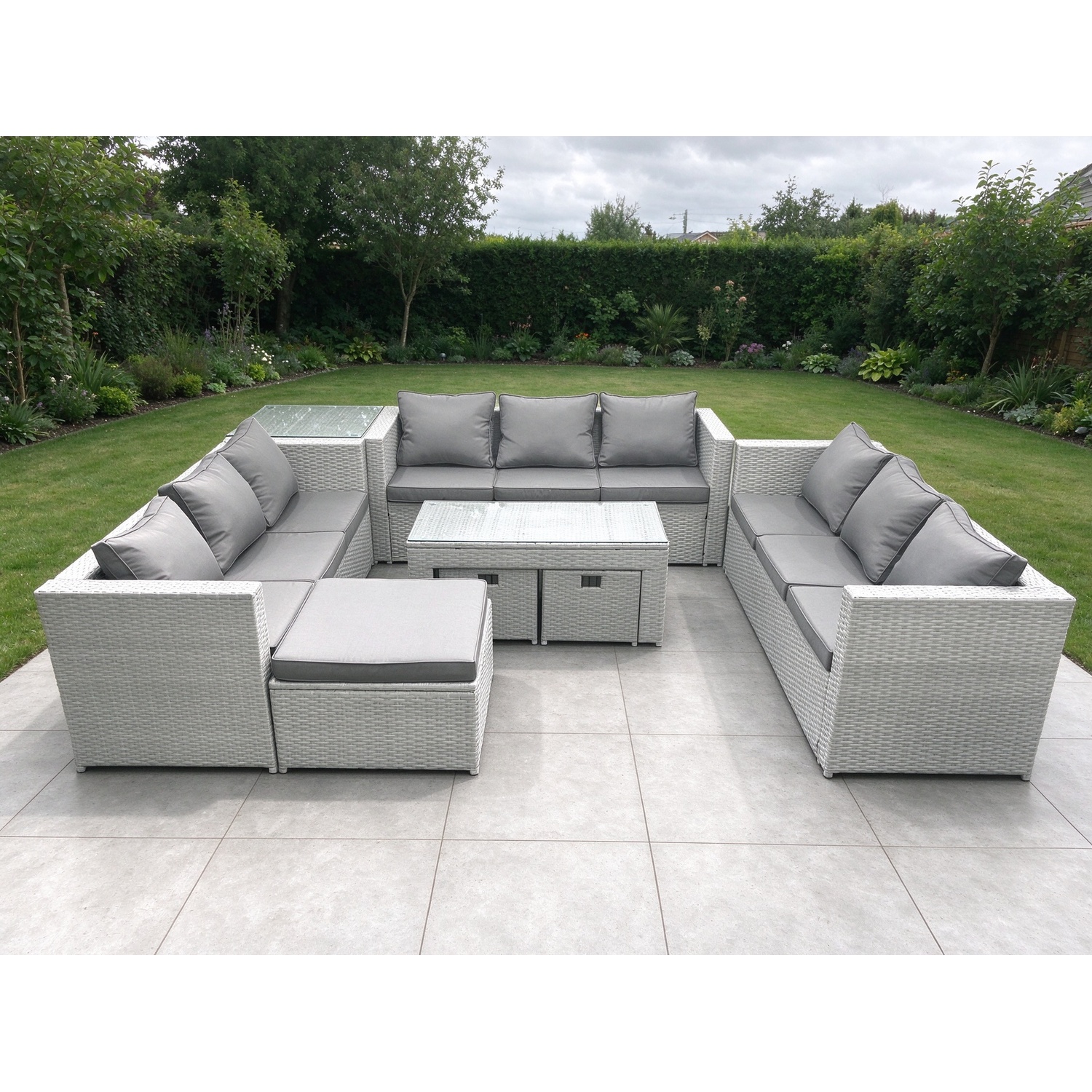 Fimous Rattan Garden Outdoor Furniture Set 12 Seater Garden Sofa Oblong Coffee Table Set With 3 Footstools Side Table Light Grey Mixed - Image 3