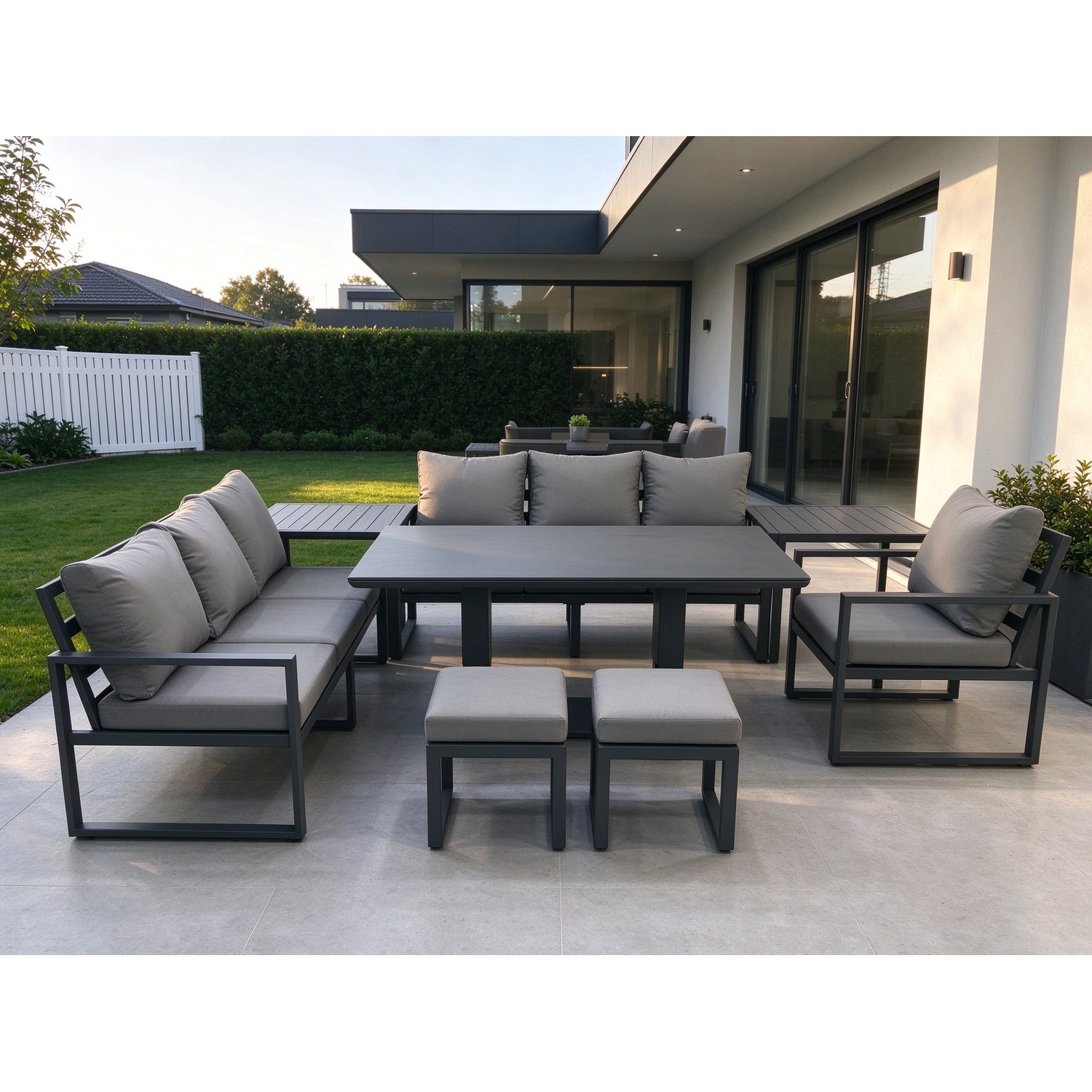 Fimous Dark/Grey Outdoor Garden Furniture Set Aluminium Lounge Sofa Adjustable Rising Lifting Dining Table Sets With 2 Small Footstools 2 Side Tables - Image 2