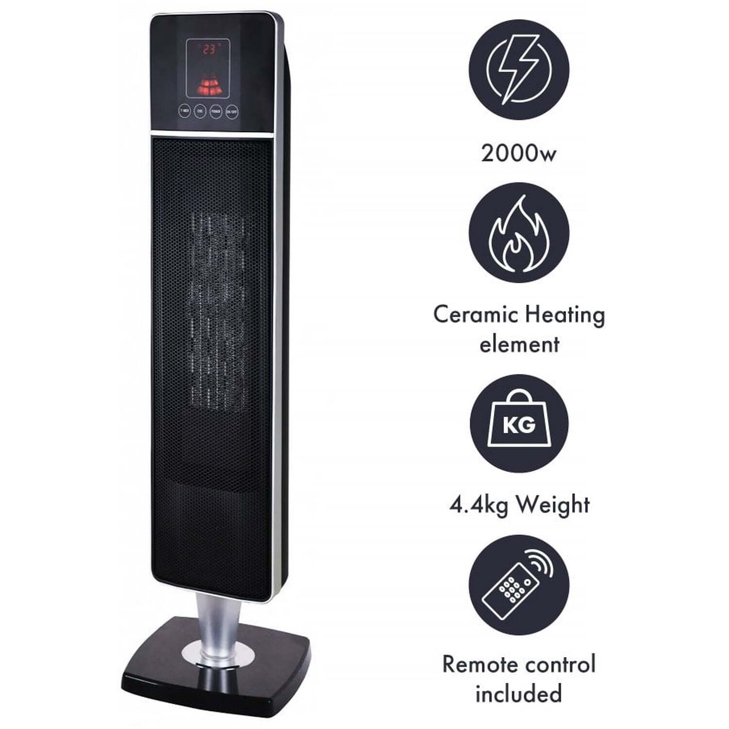 Electric PTC Ceramic Fan Heater, 2000W - Black