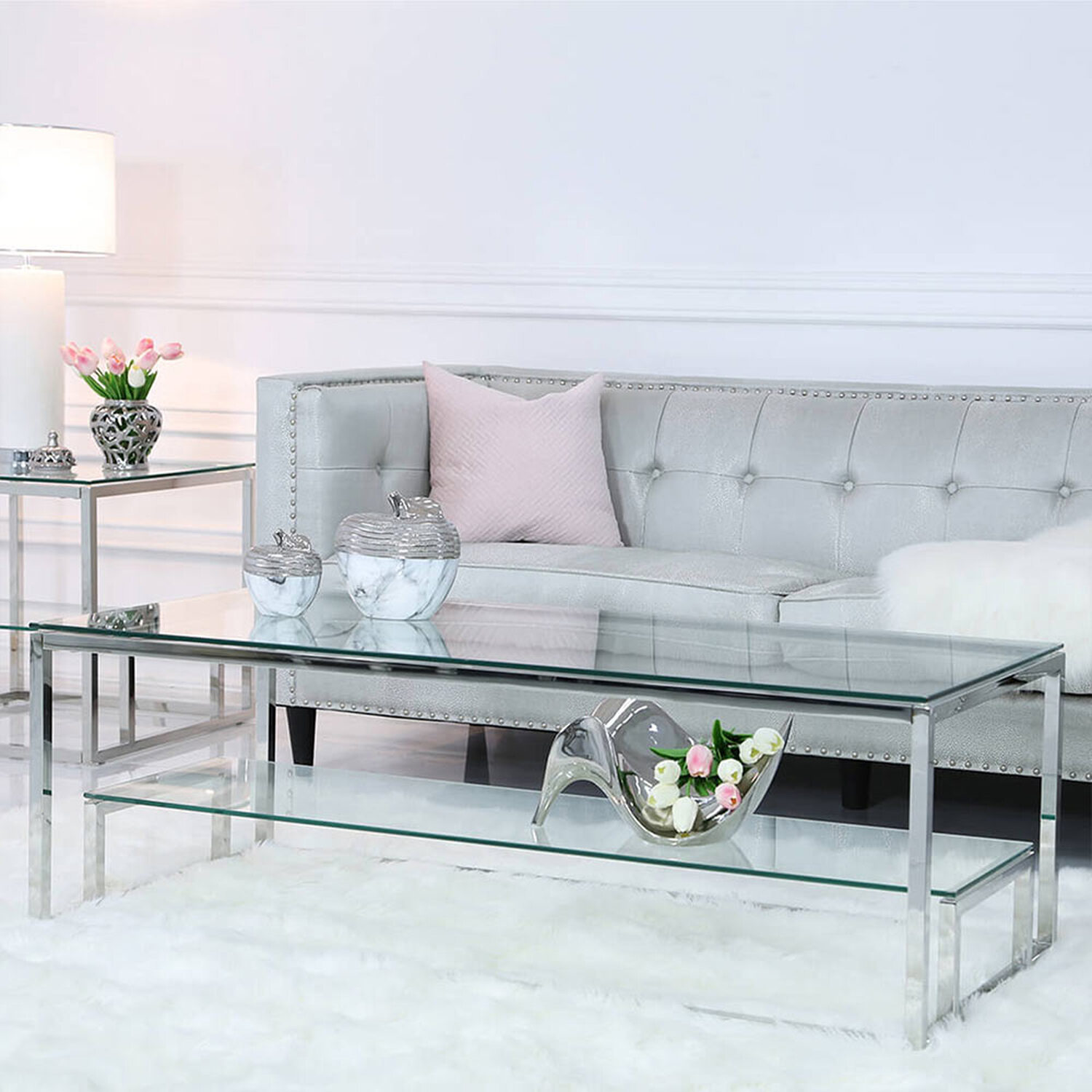 Vanity Living - Clear Glass Coffee Table, Centre Table - Silver thumbnail