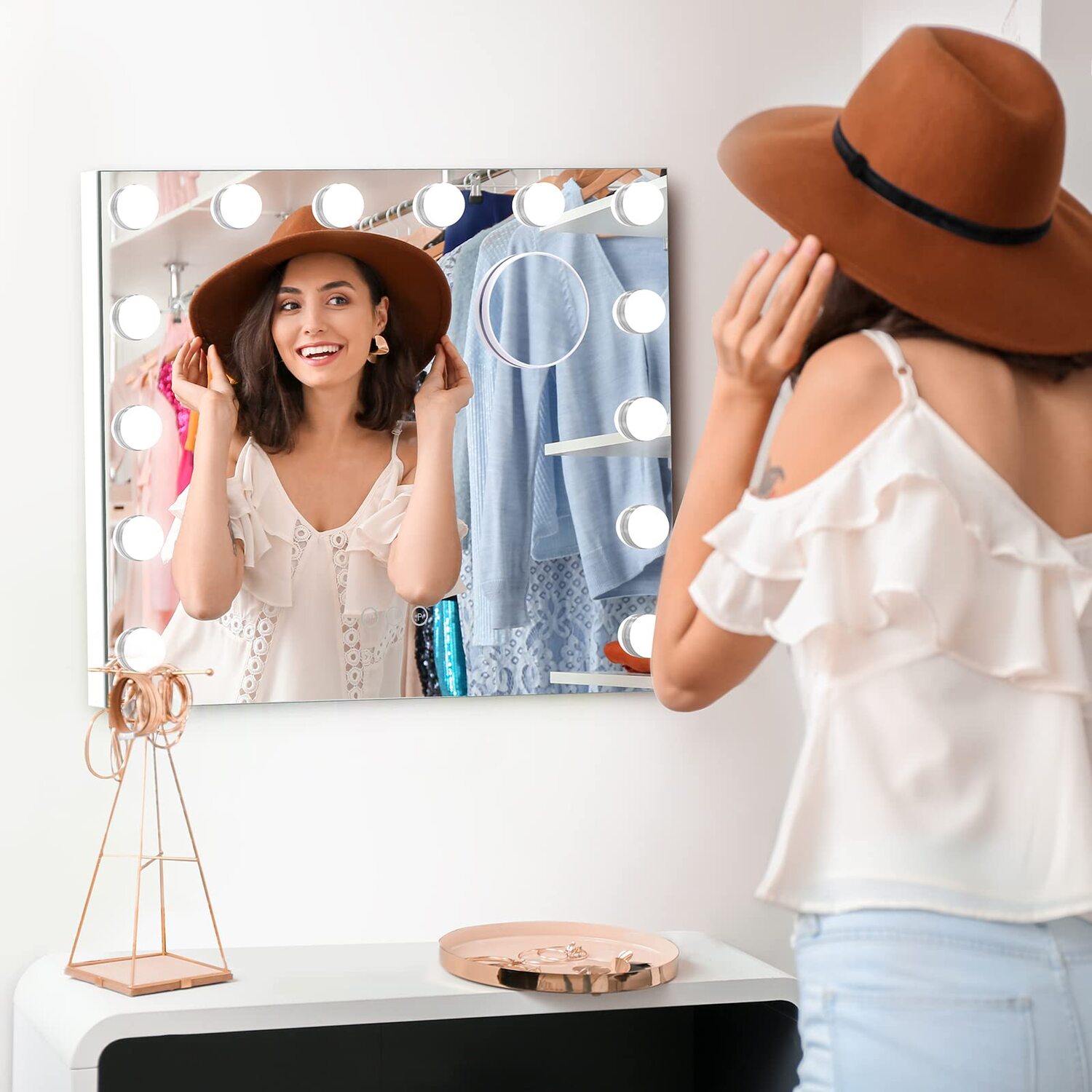 Dripex - Vanity Mirror with 14 Dimmable Lights - Silver thumbnail