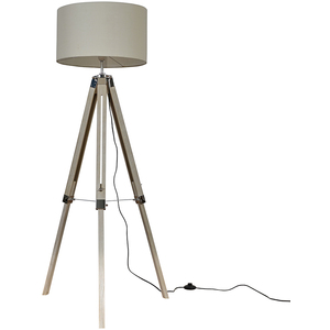 Modern Light Wood And Chrome Tripod Floor Lamp With Beige Drum Shade