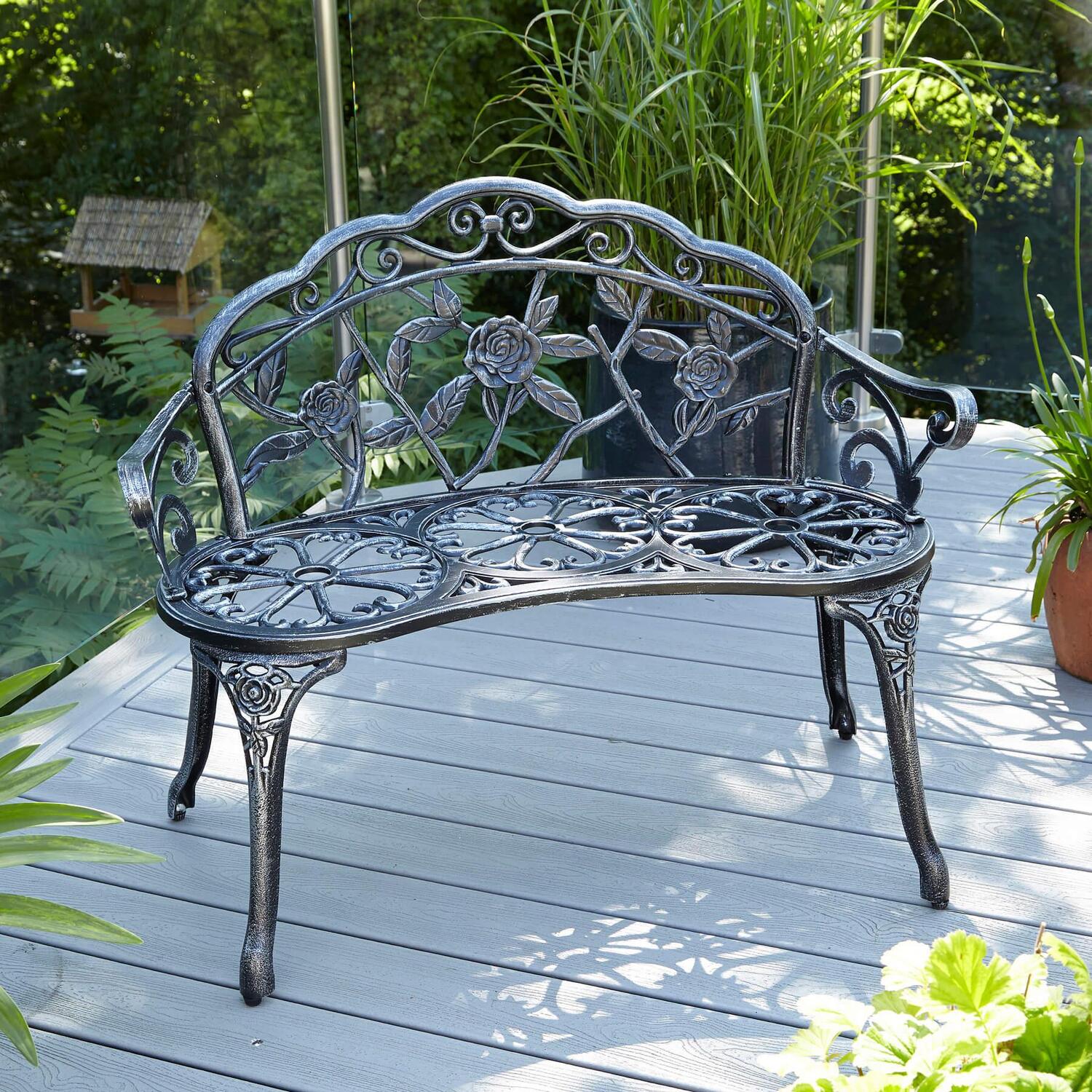 Home Source Rose Detail Metal Outdoor Garden Bench - Grey