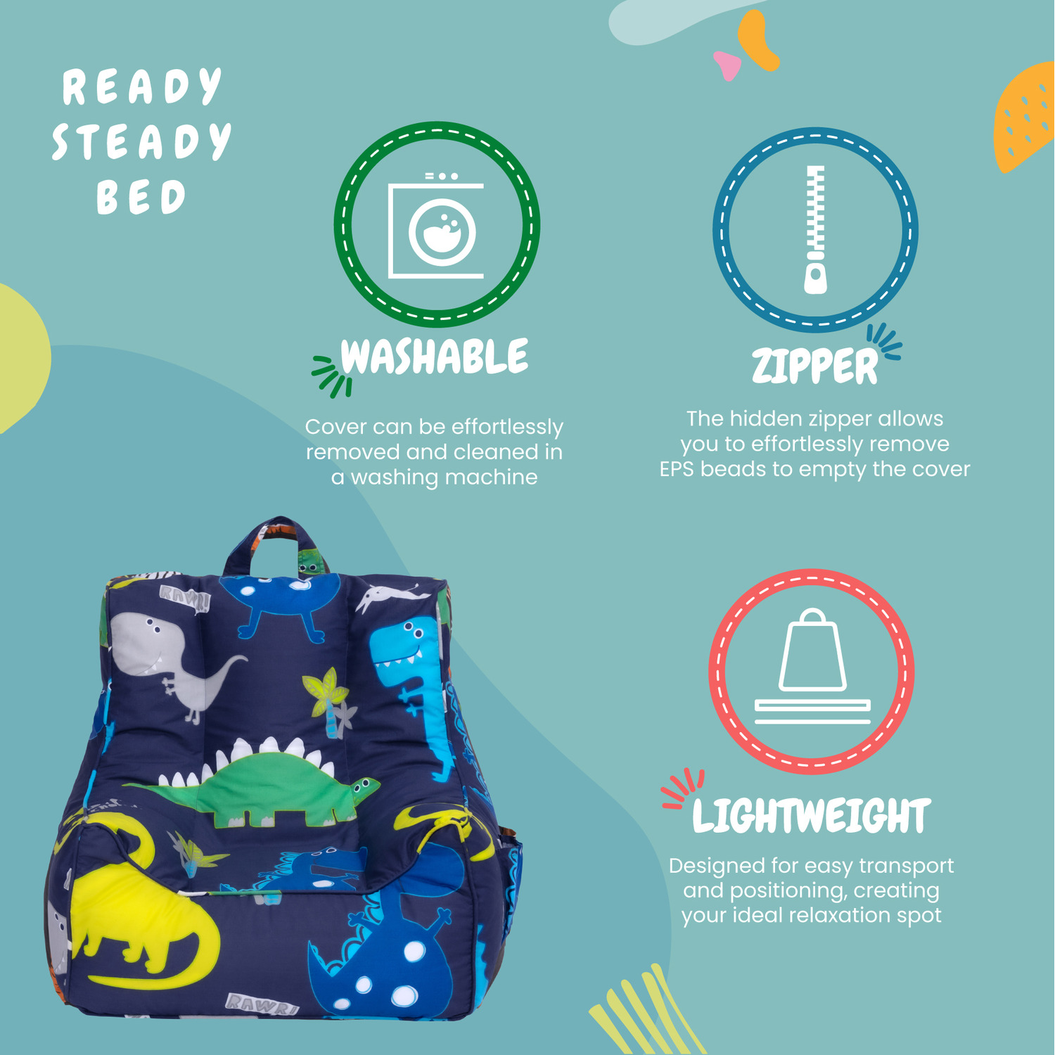 Kids Bean Bag Armchair With Footstool Printed Beanbag Chair Pouf - Dino Dark Dino Dark