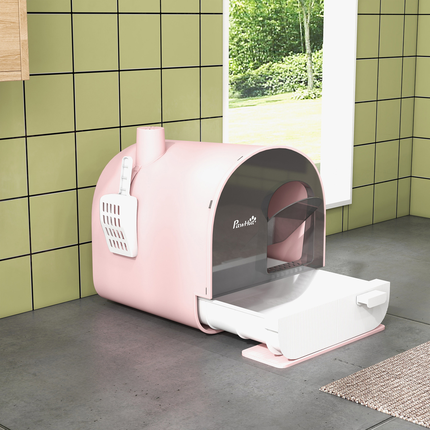 TAUS Enclosed Cat Litter Box With Lid – Hooded Odorless Cat Toilet, Includes Litter Scoop, 19.1x15x15 Inches