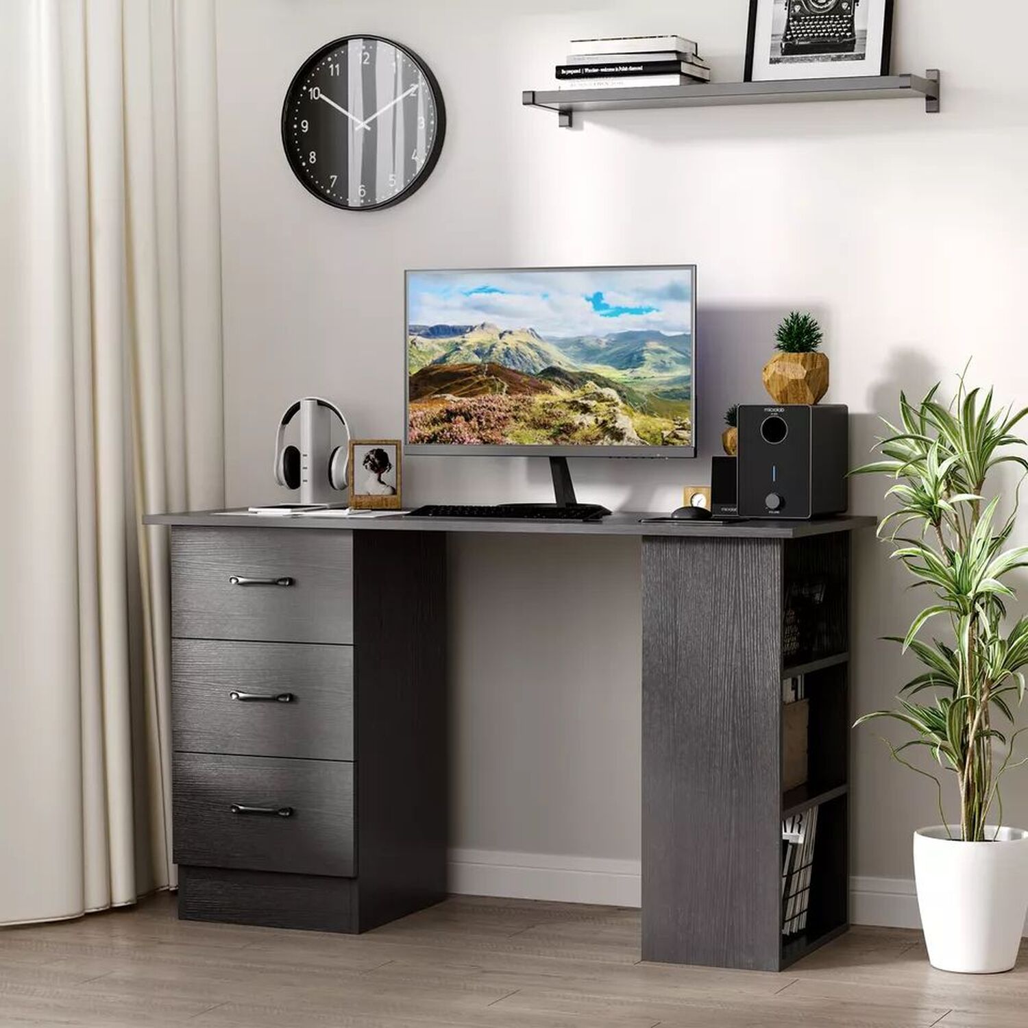 Industrial Computer Desk With Drawers - Black