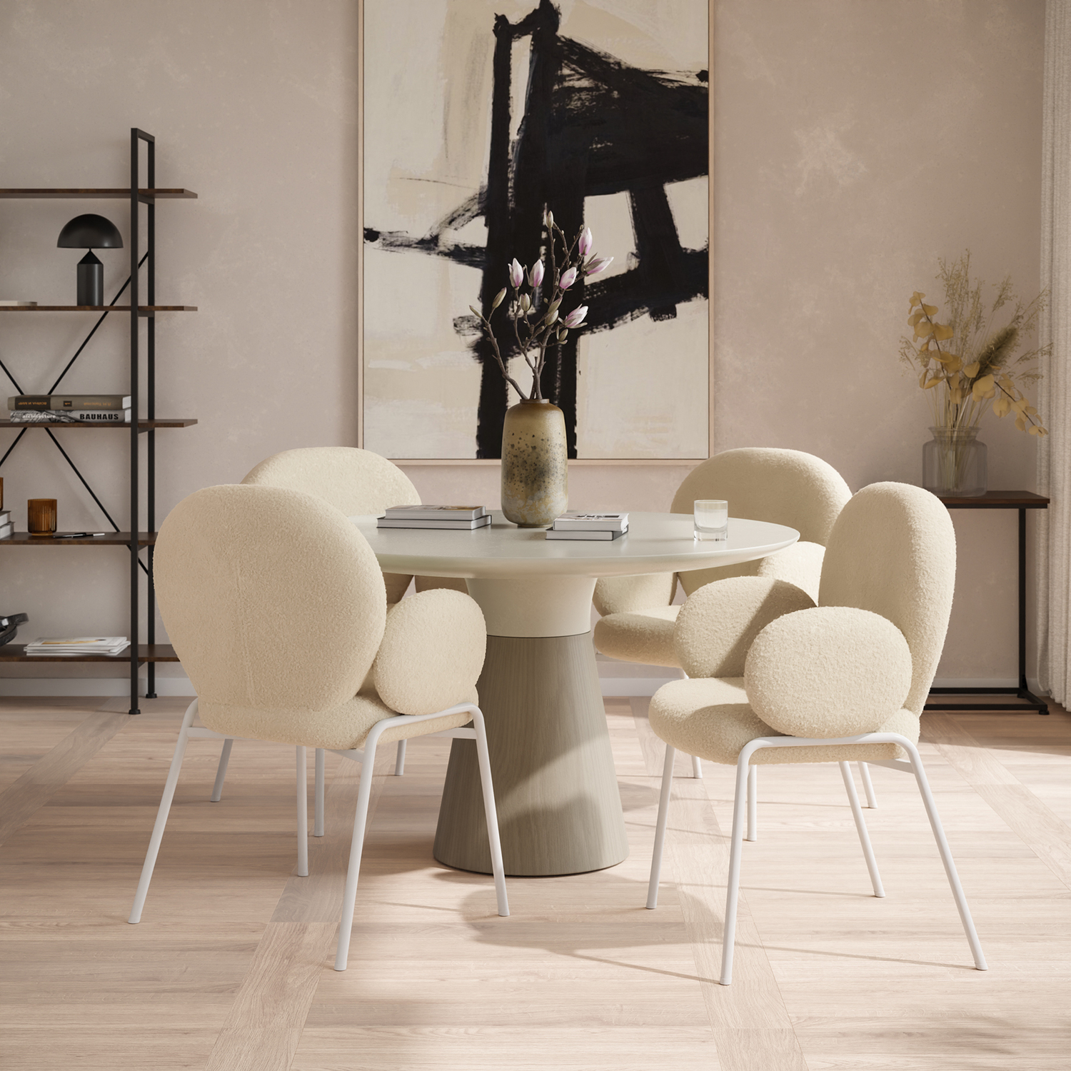 Dining Chair Scandi - Padded Boucle Cover High Backrest - Cream 90cm 1