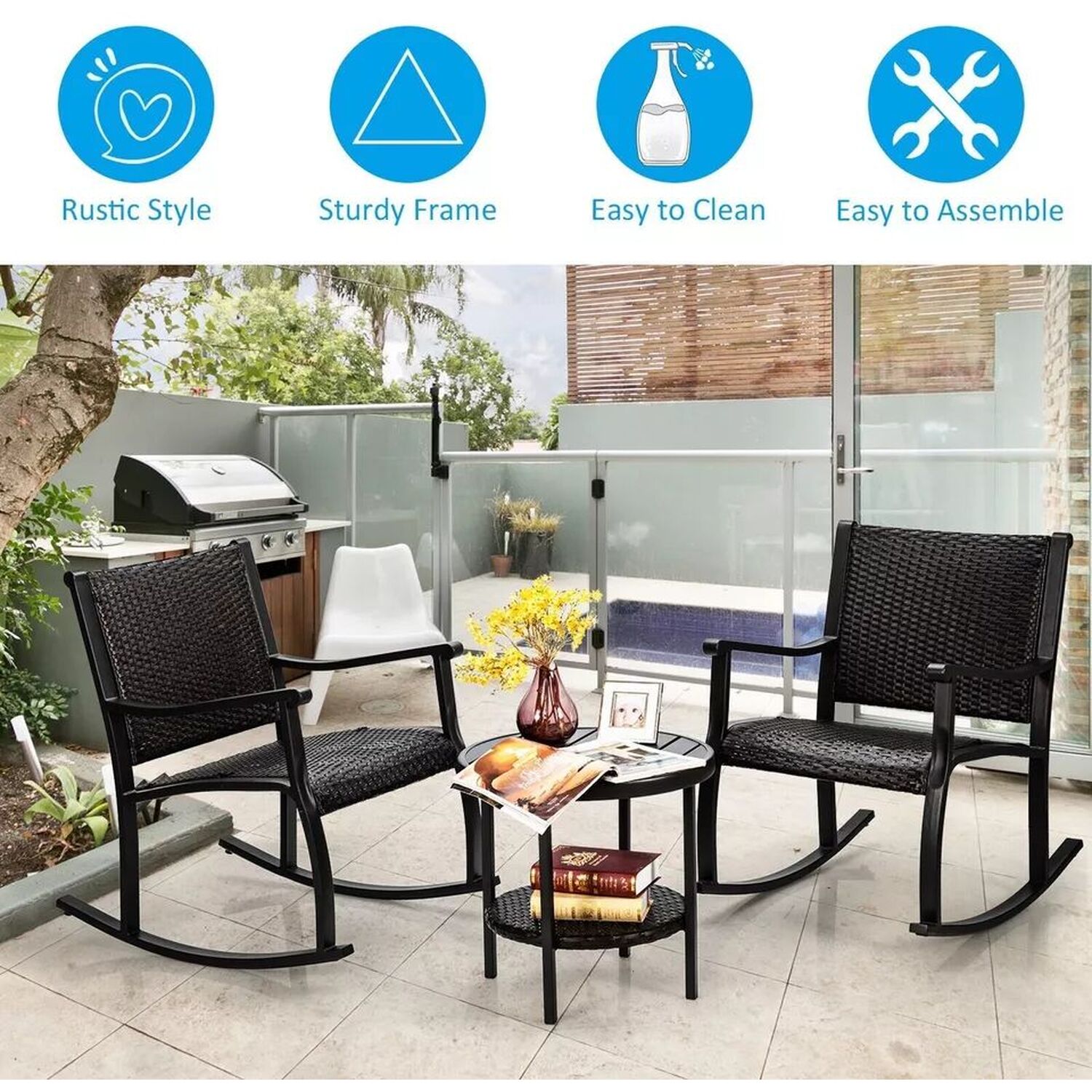 Rocking Bistro Set Outdoor Wicker Furniture Tempered Glass Coffee Table - Brown