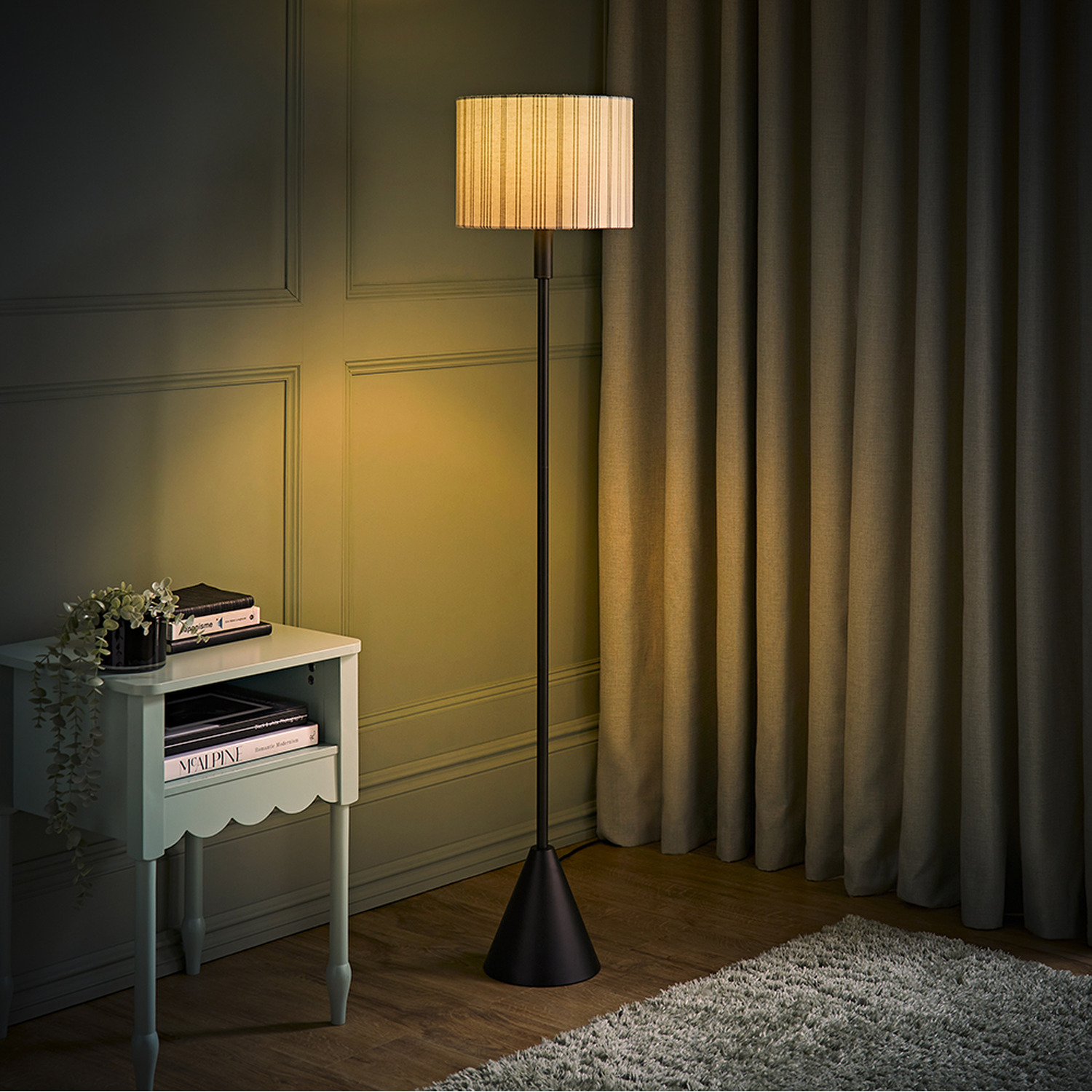 Mitch Triangle Floor Lamp with Linen Stripe Drum Shade and LED Bulb - Black