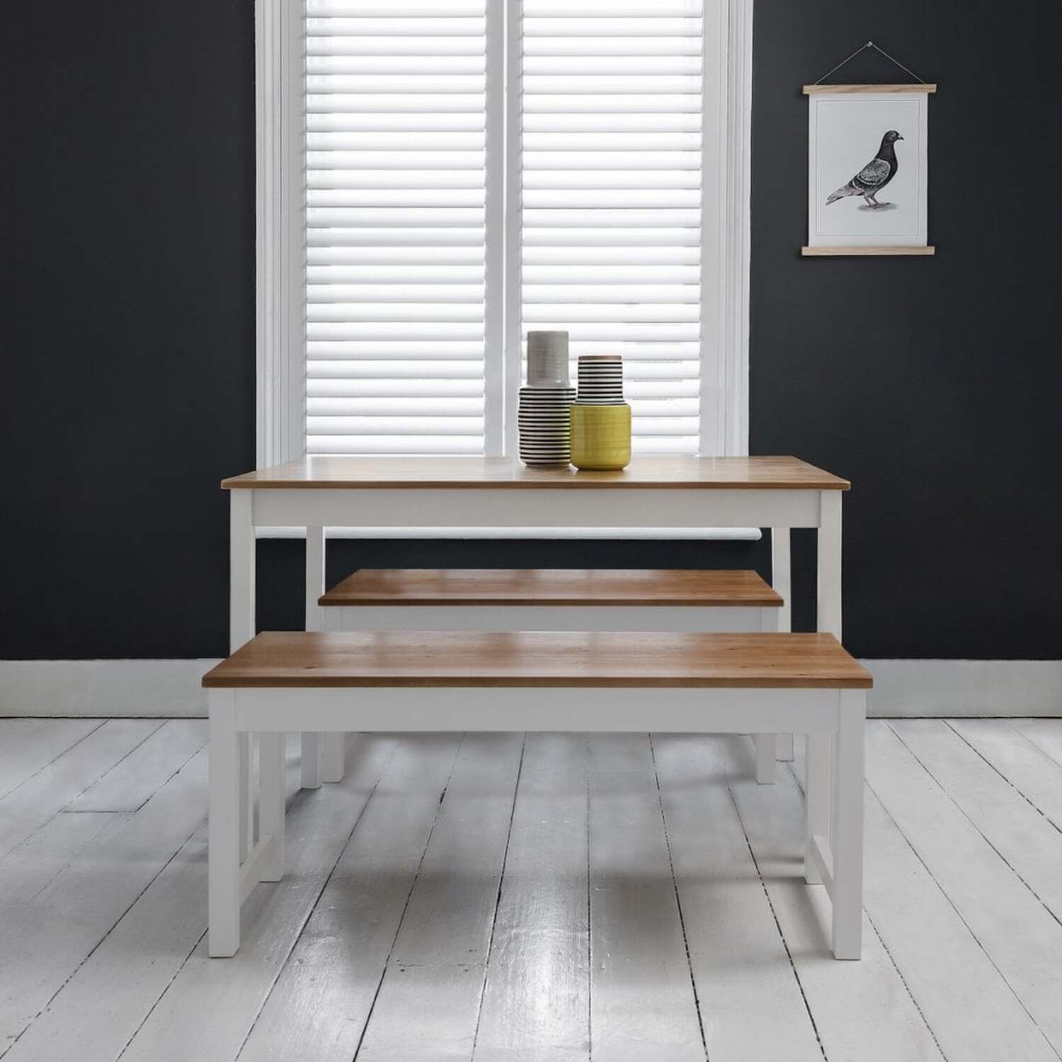 Annika Dining Table With 2 Benches Dining Set In Pine And White - White And Pine