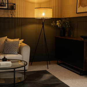 Camden Tripod Floor Lamp with Natural Cane Drum Shade and Bulb